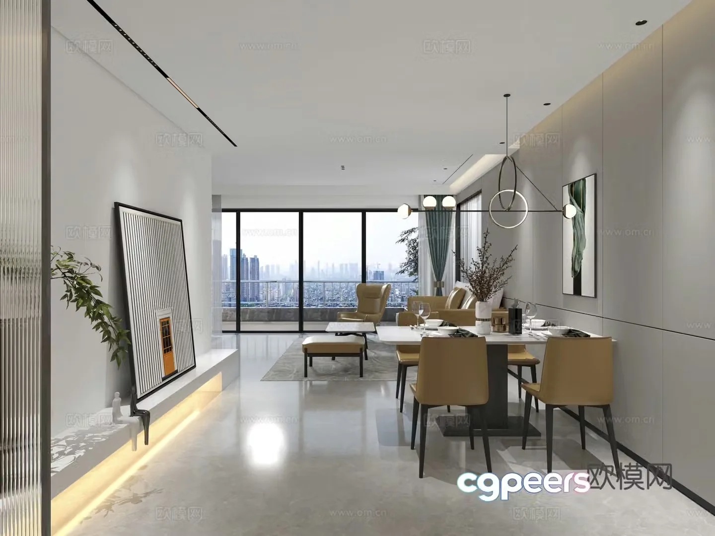 Italian minimalist living and dining room combination sofa dining table and chair Changhong glass decorative painting Art chandeliers 3D model