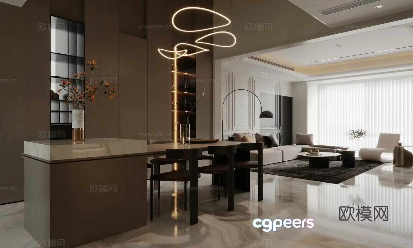 Light luxury Italian home living and dining room homeless lights modern living and dining room horizontal living and dining room 3D model