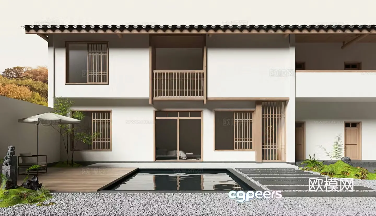 New Chinese style B&B Building B&B Courtyard Garden Landscape 3D Model