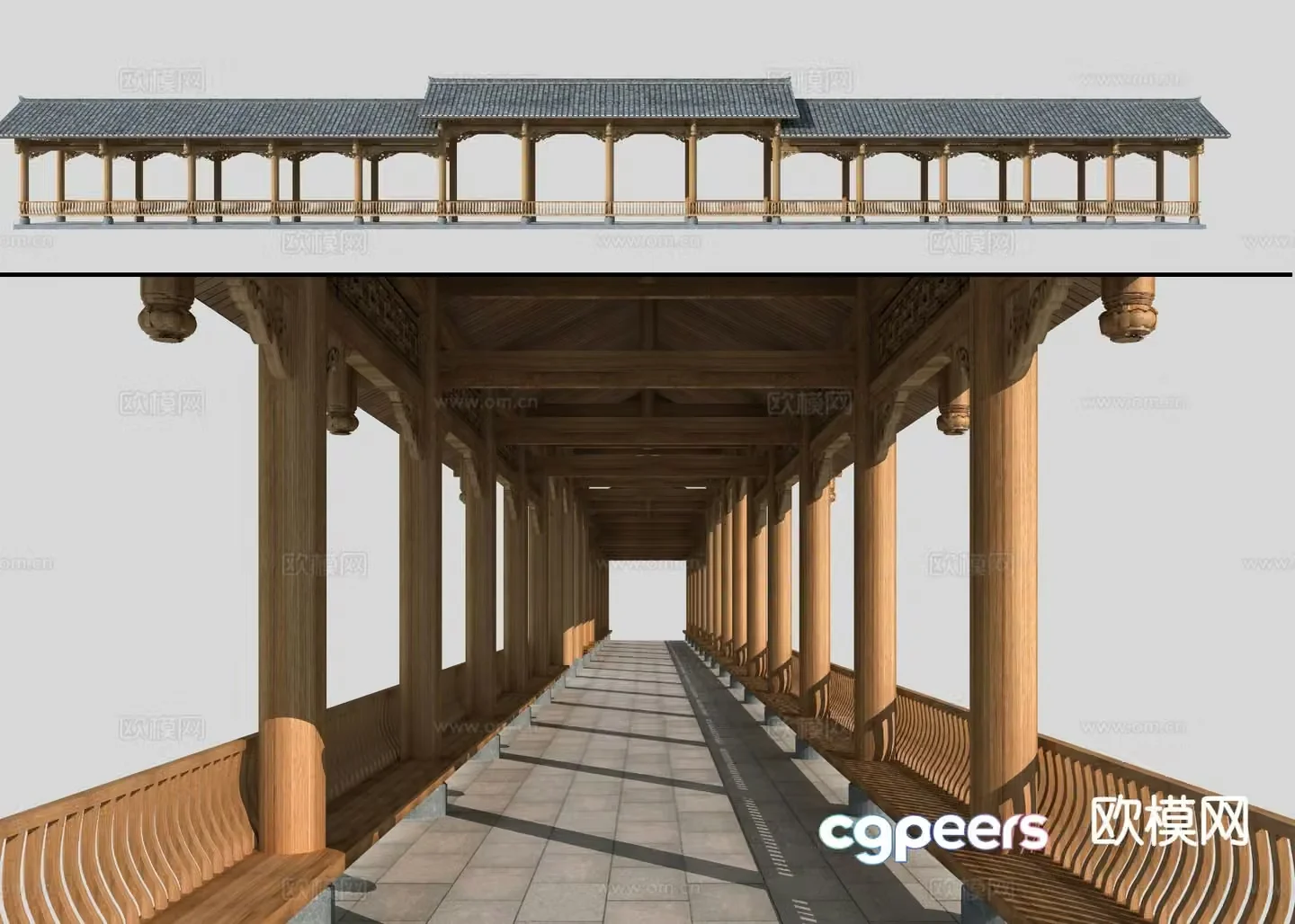 Chinese style gallery corridor corridor landscape corridor 3d model