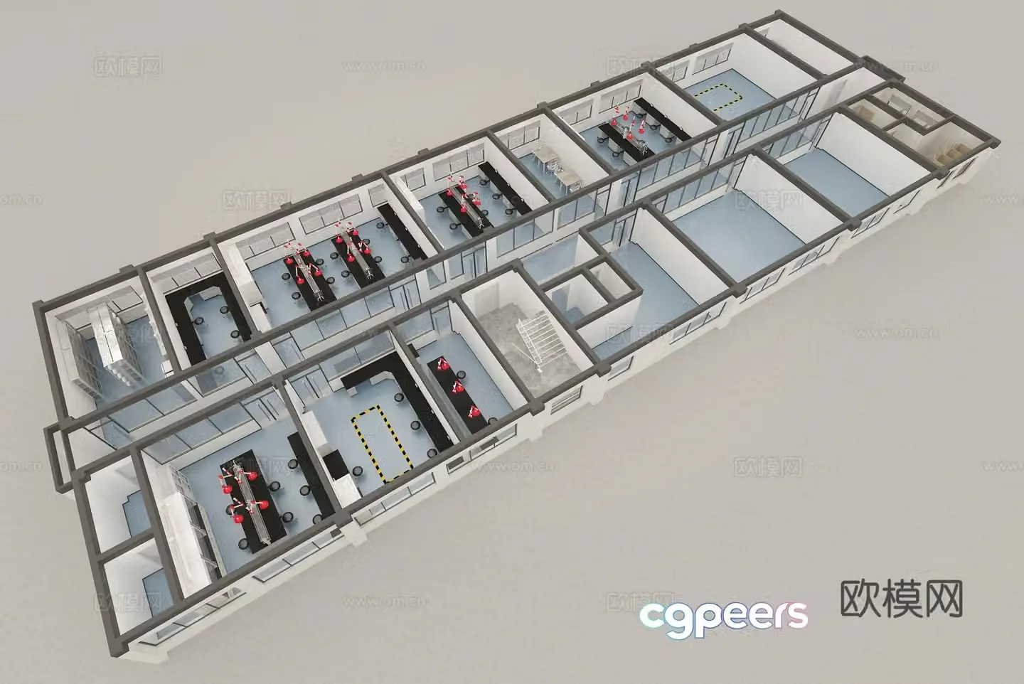 Aerial view 3d model of modern laboratory