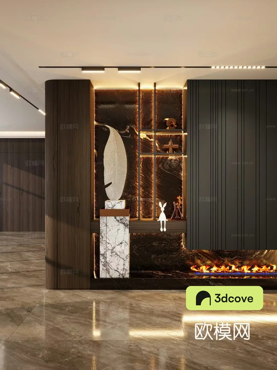 Italian style light luxury style black gold metal laminate feather sculpture flame fireplace porch