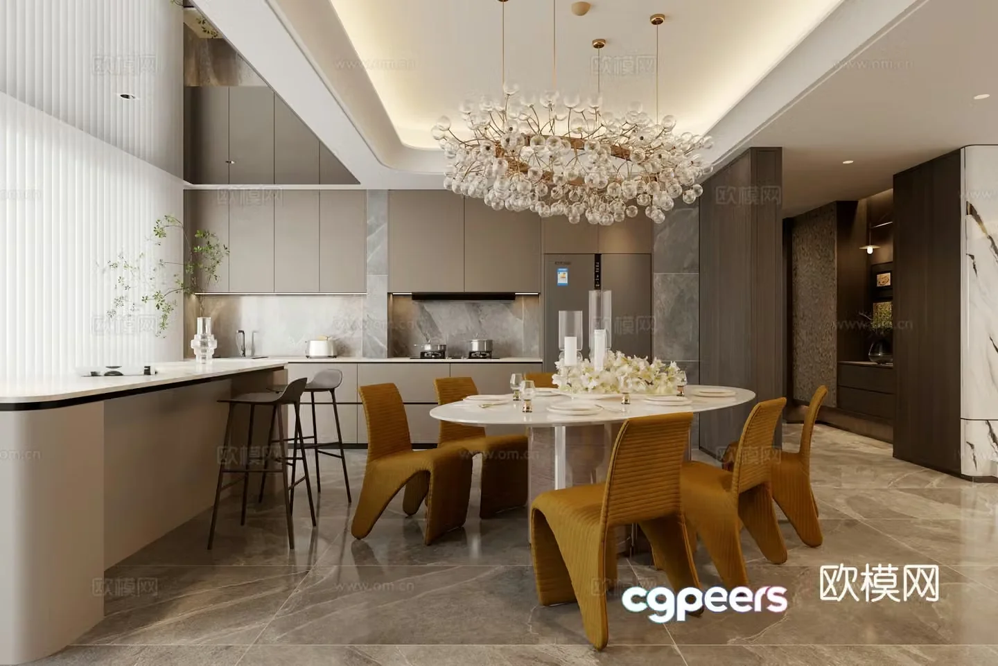 Italian light luxury home restaurant Island restaurant Marble oval dining table Kitchen restaurant Dining chair 3D model