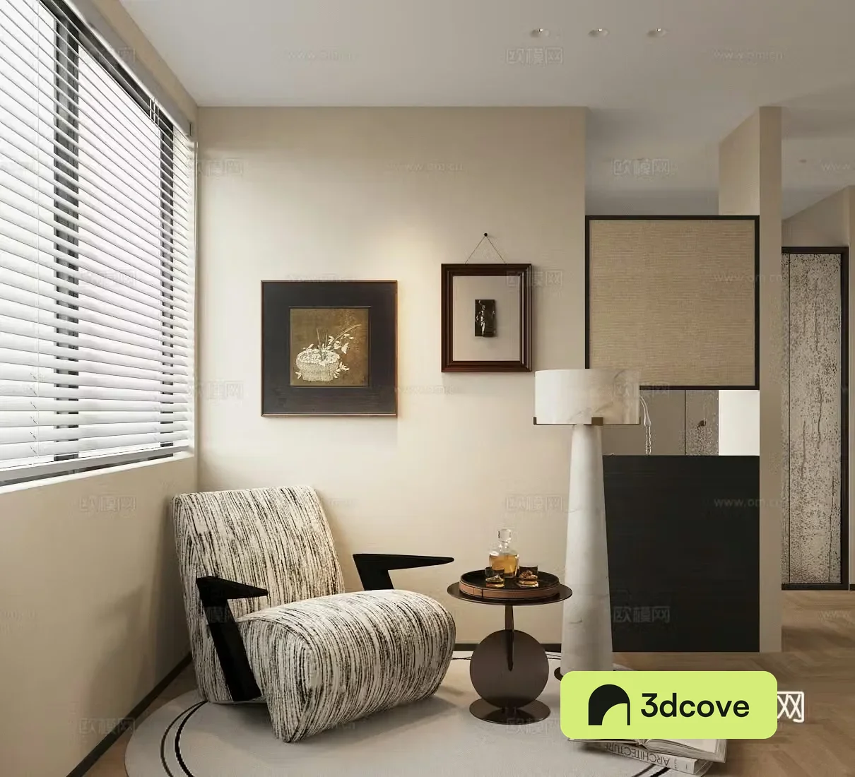 Middle-aged leisure chair single sofa floor lamp 3D model of hanging paintings
