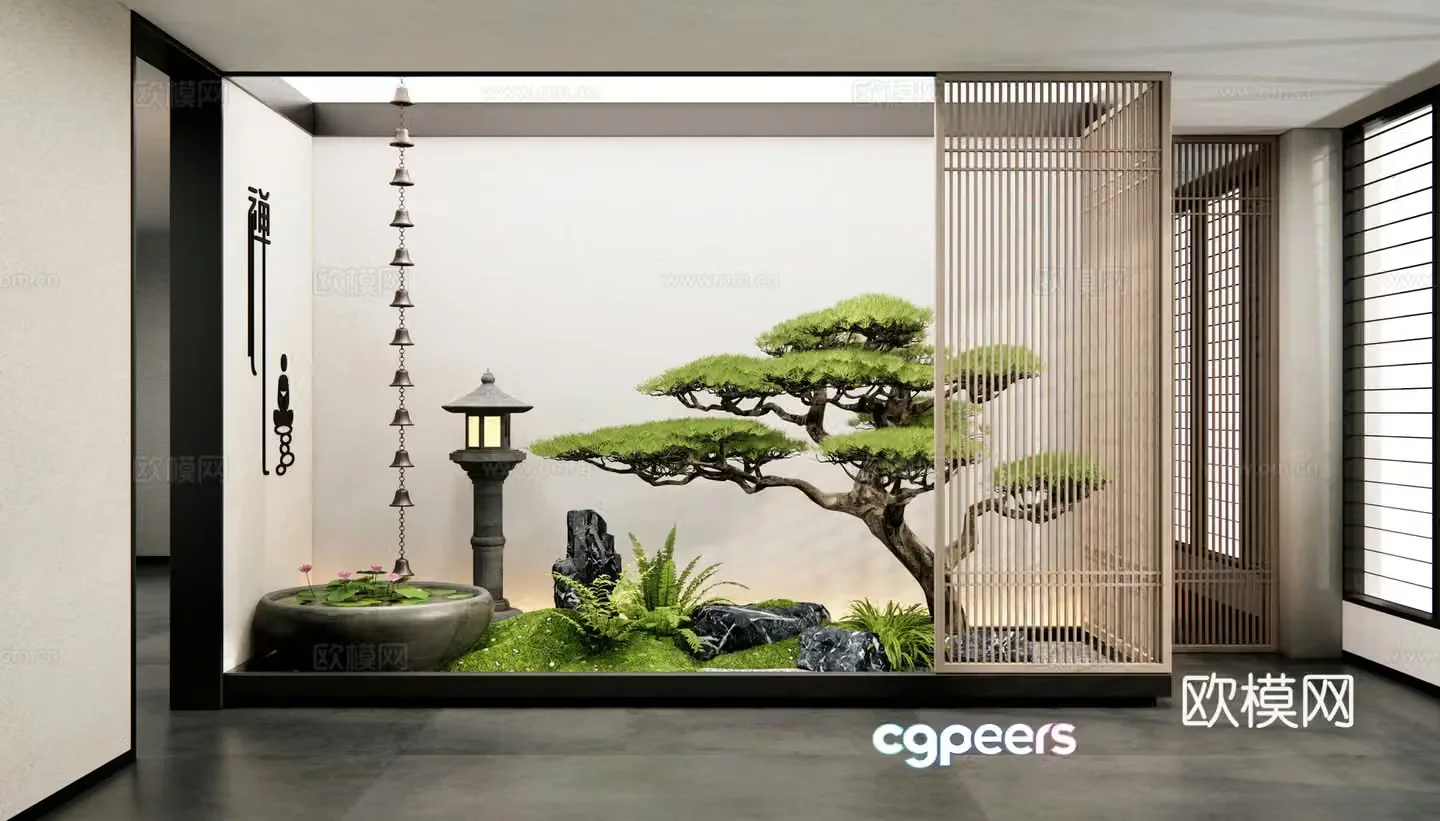 New Chinese style interior landscape garden garden sketch patio landscape moss stone water bowl rain chain 3D model