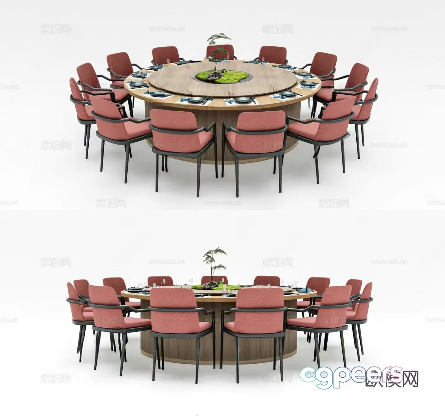 Round dining table and chairs large dining table private dining table and chairs tableware 3D model