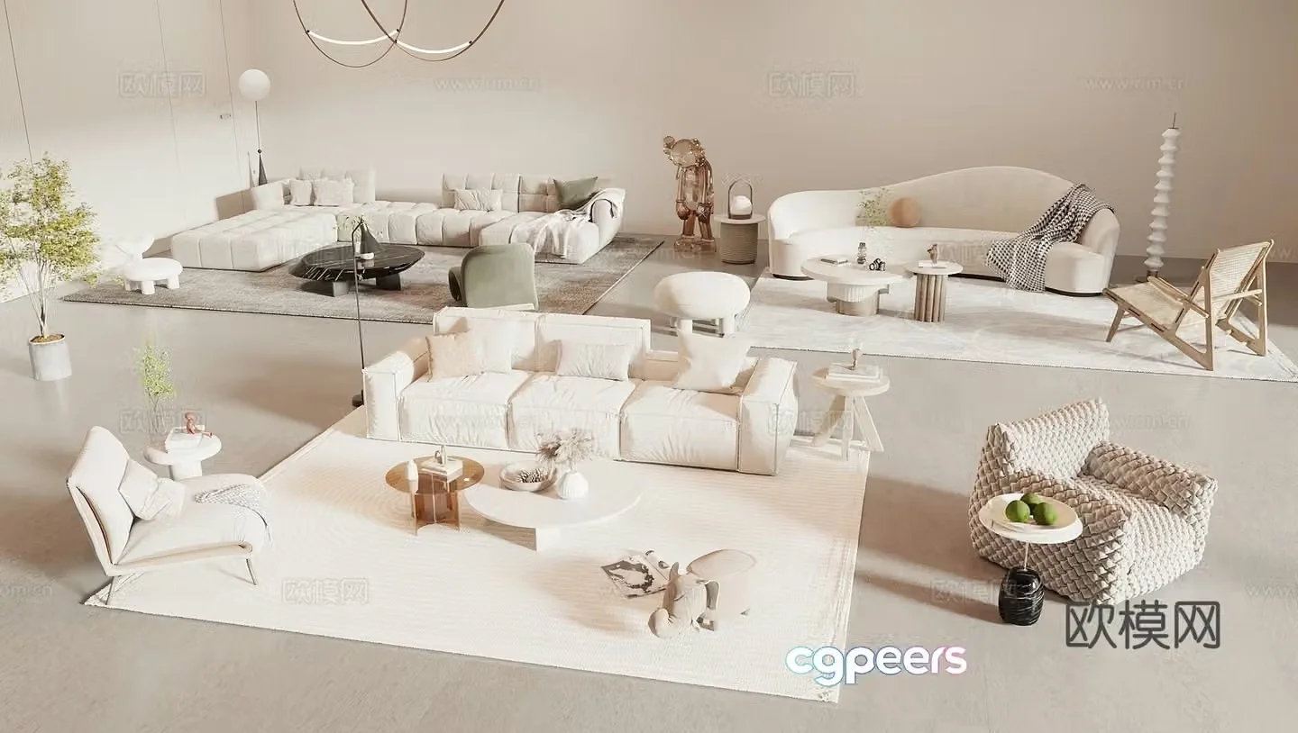 Wasabi cream style sofa sofa coffee table combination lazy sofa floor lamp green plants artwork 3d model