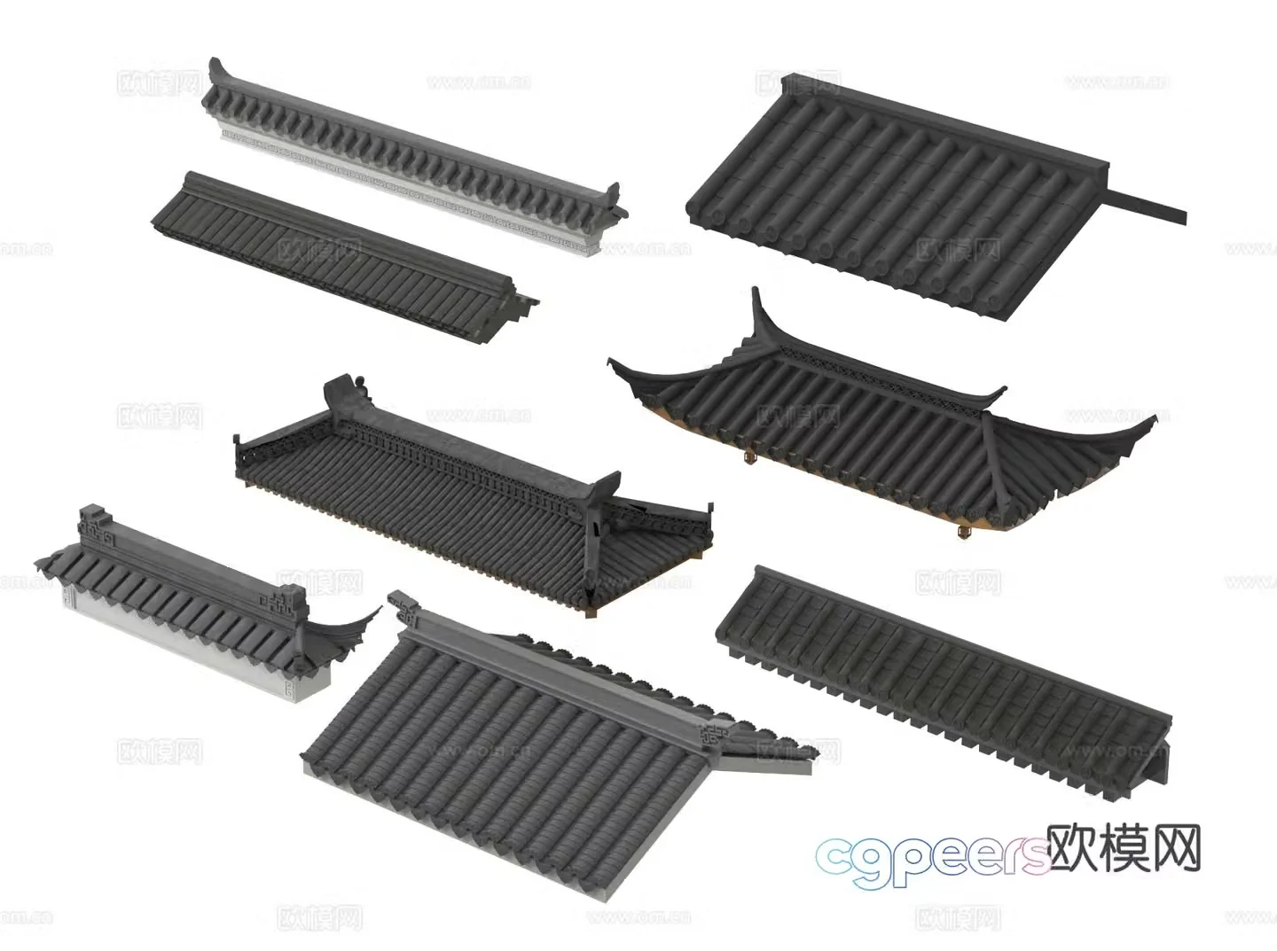 Chinese eaves roof tiles roof ridge 3d model