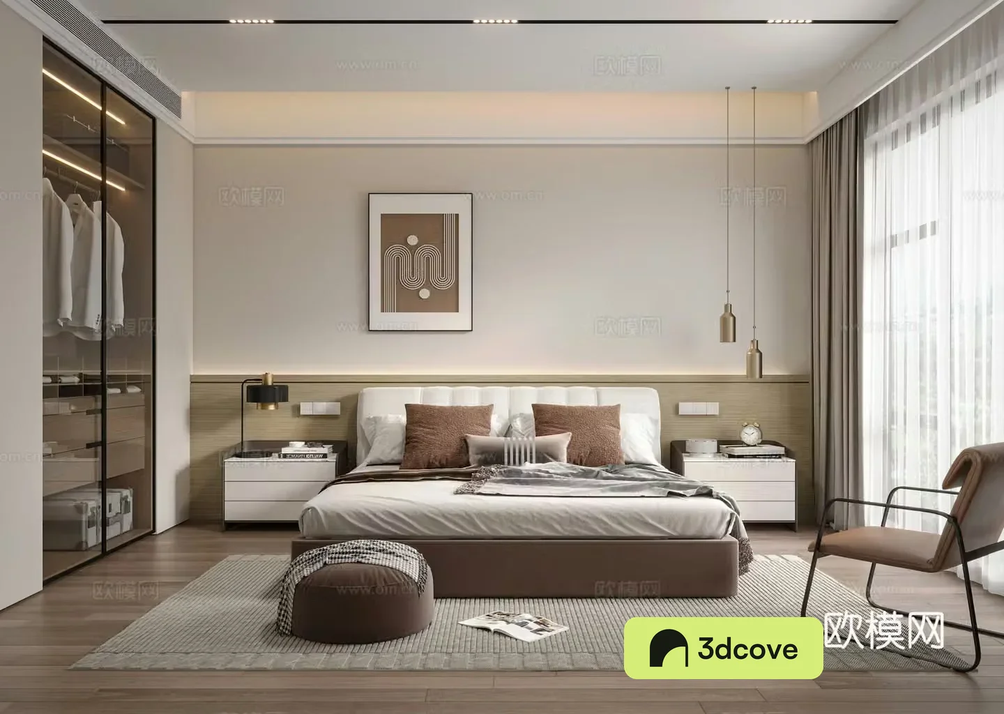 Modern bedroom Master bedroom Double bed Wardrobe Bedside table Carpet Hanging paintings Ornaments