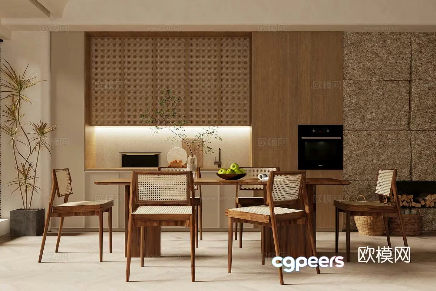 Middle style home restaurant Open restaurant Log style home restaurant Log style sideboard 3D model