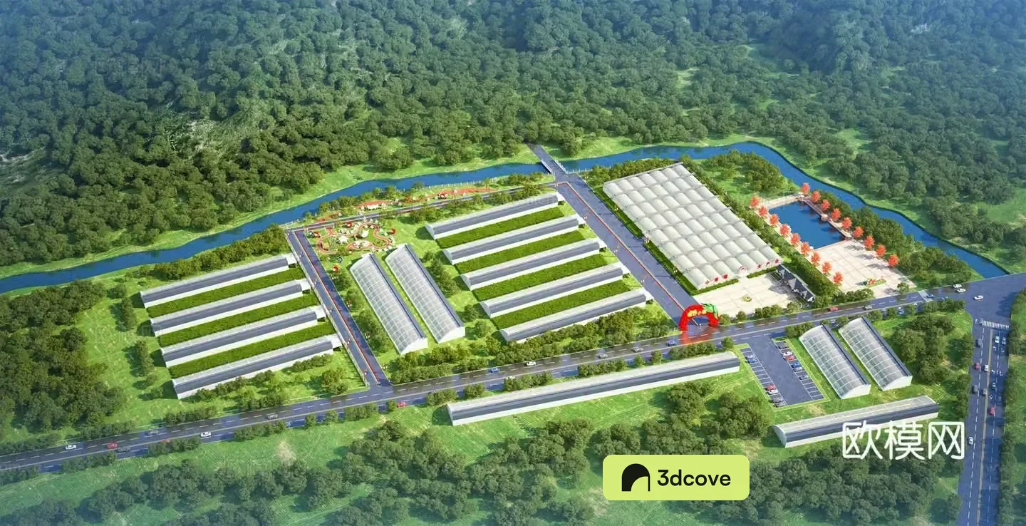 Aerial view architectural 3D model of modern greenhouse