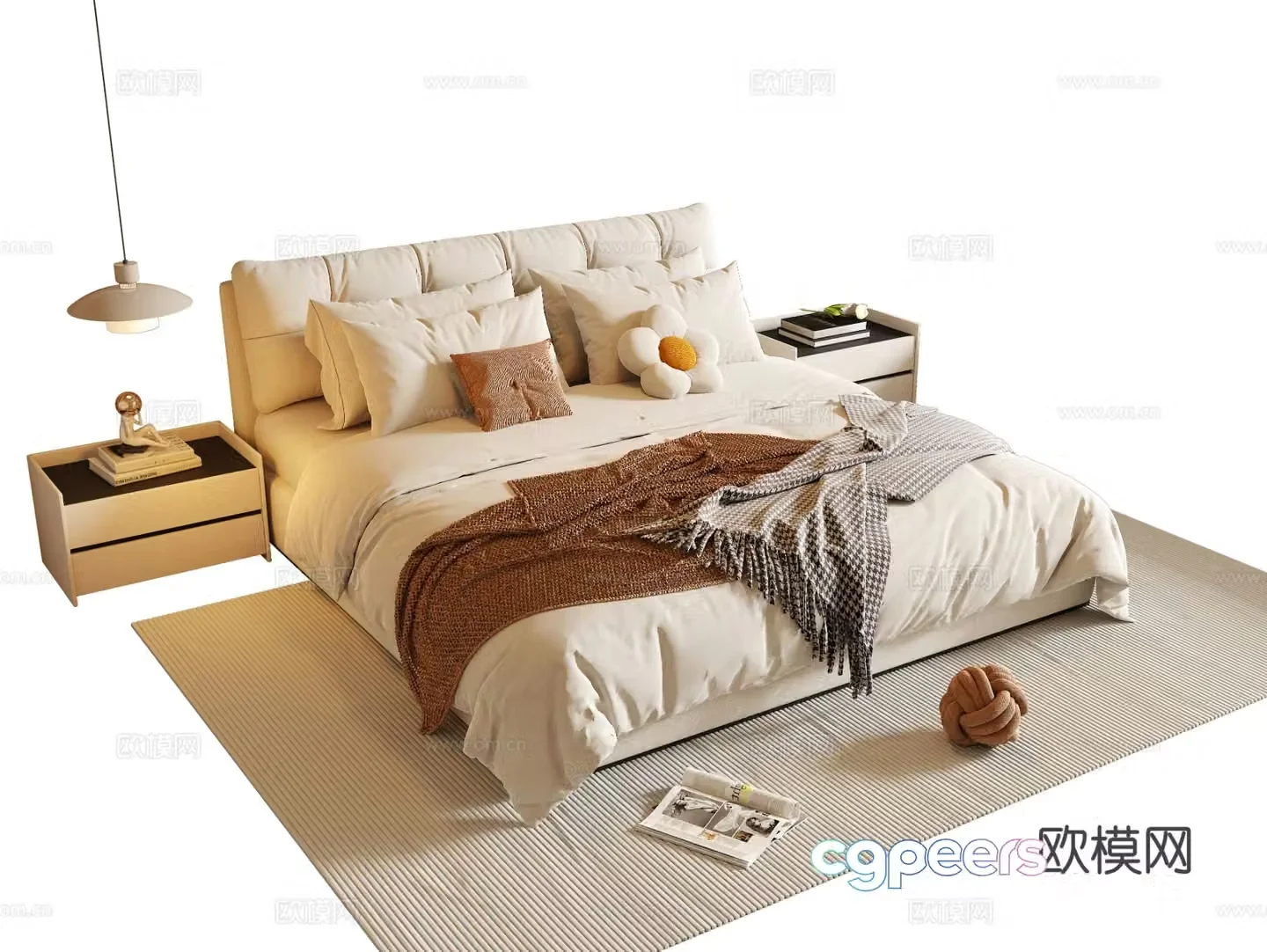 Cream style double bed 3d model