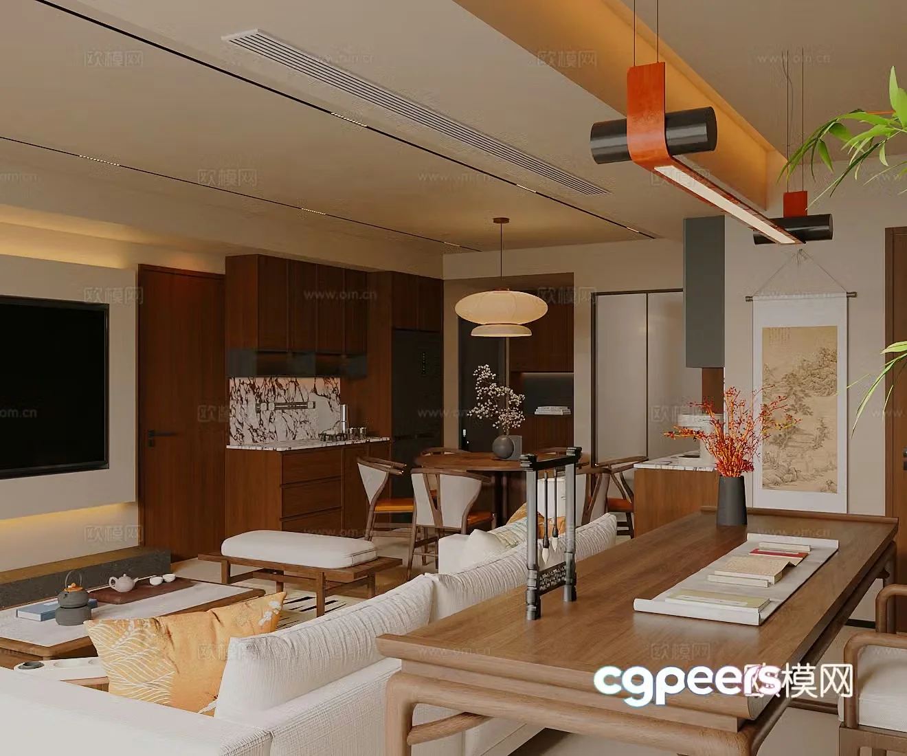 New Chinese-style Zen home living and dining room Song-style aesthetic living and dining room Chinese-style living and dining room Sofa coffee table 3D model