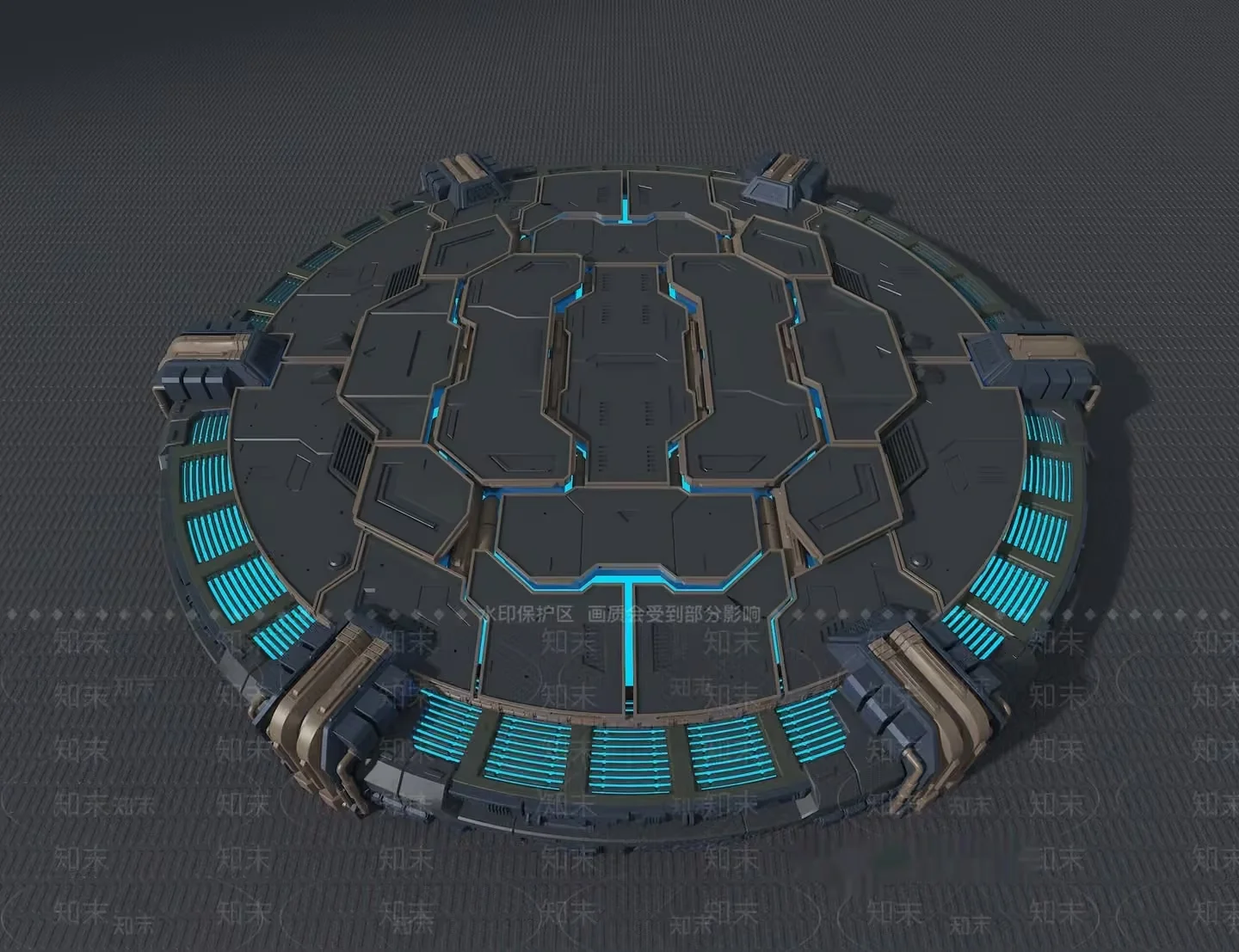 The Main Subject Is A Futuristic-Looking Round Metallic Object With Blue Lights 3D Model – 5466 – VRAY Render