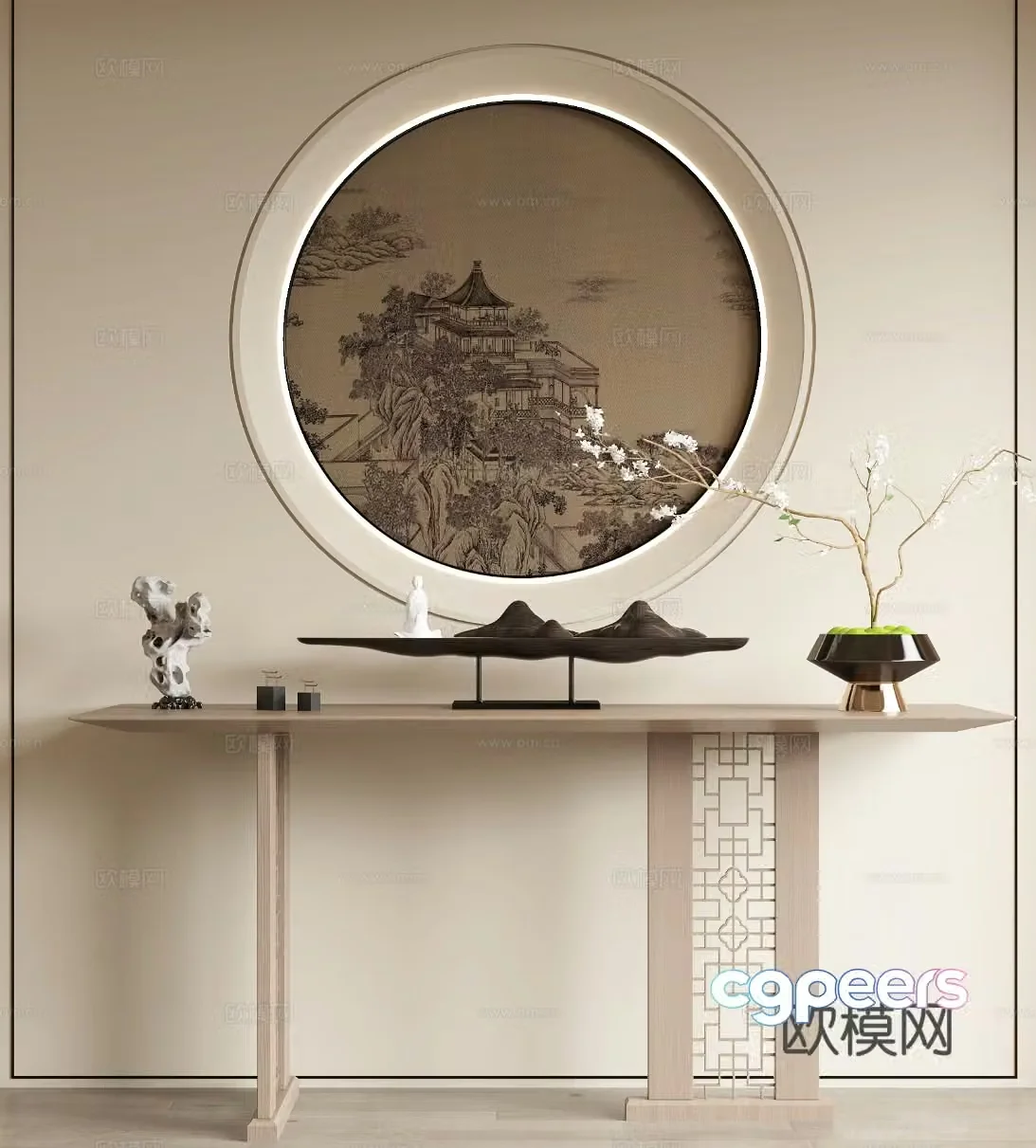 New Chinese style entrance hall end viewing platform 3D model