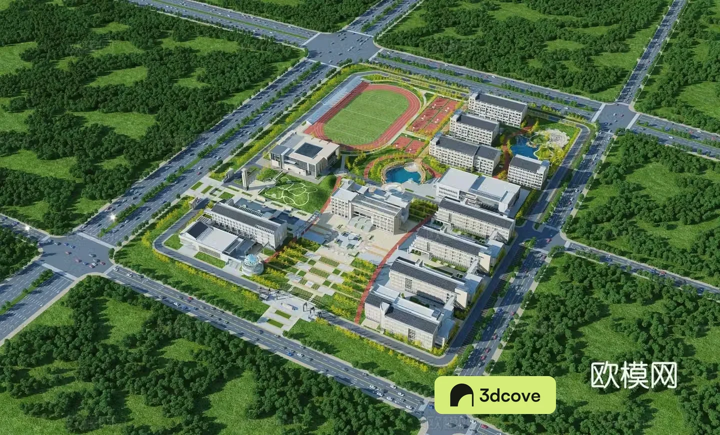 Aerial view 3d model of modern school building