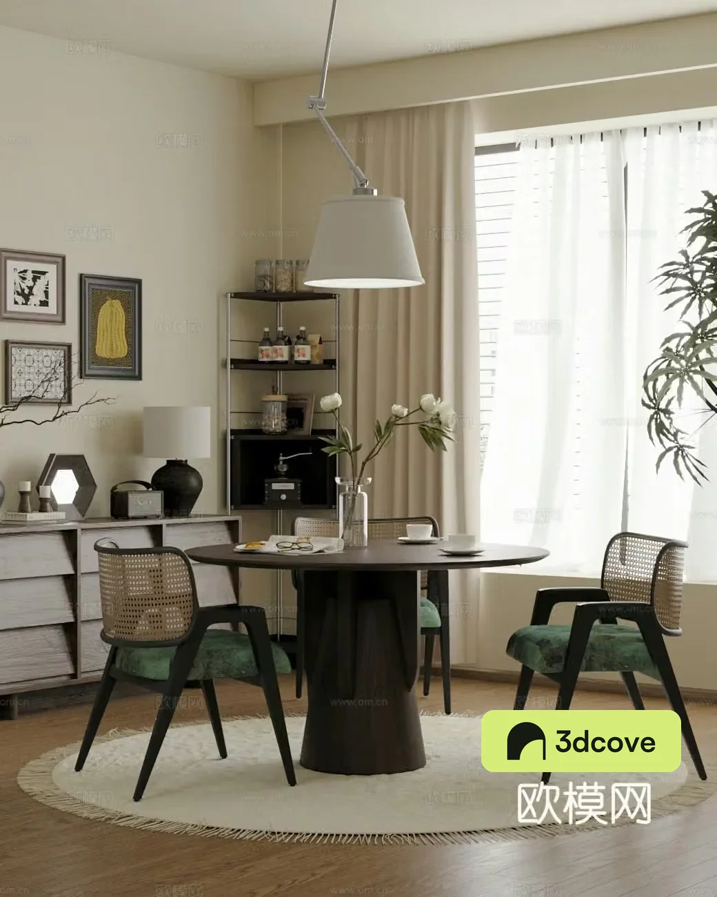 Middle-aged home restaurant dining table and chair combination decorative cabinet angle cabinet chandeliers 3D model
