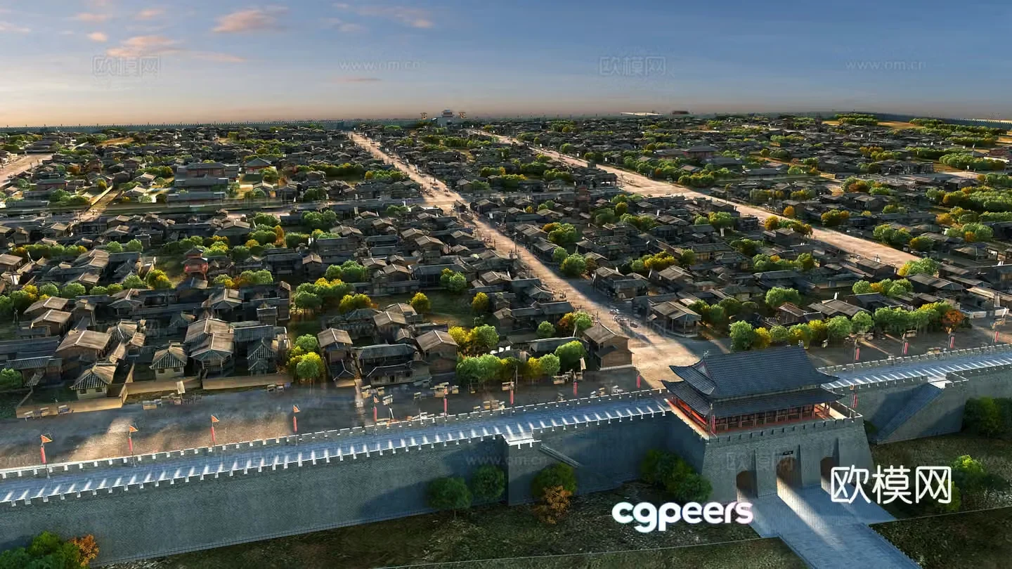3D model of architectural landscape overlooking ancient city