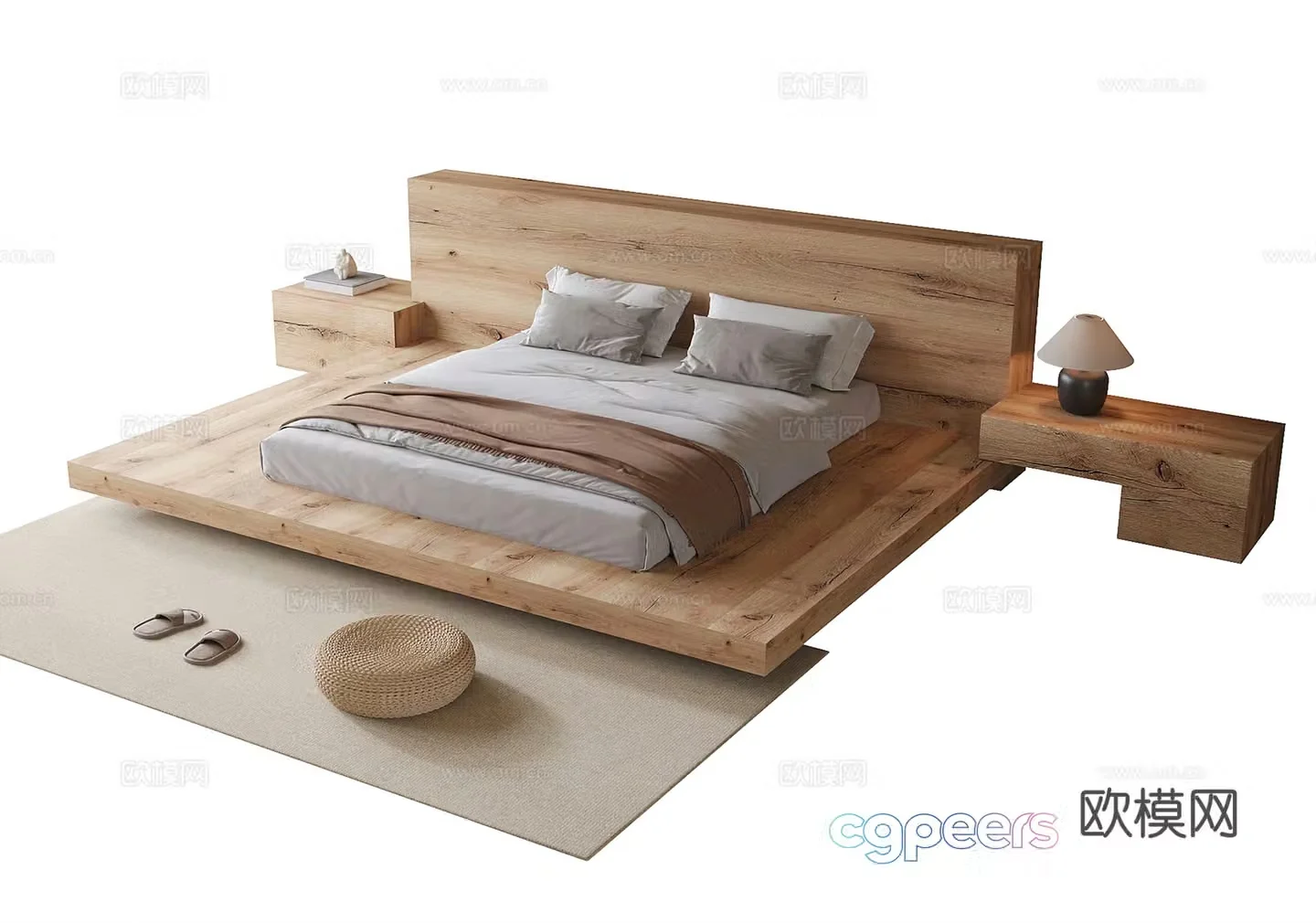 Modern B&B solid wood platform bed 3D model