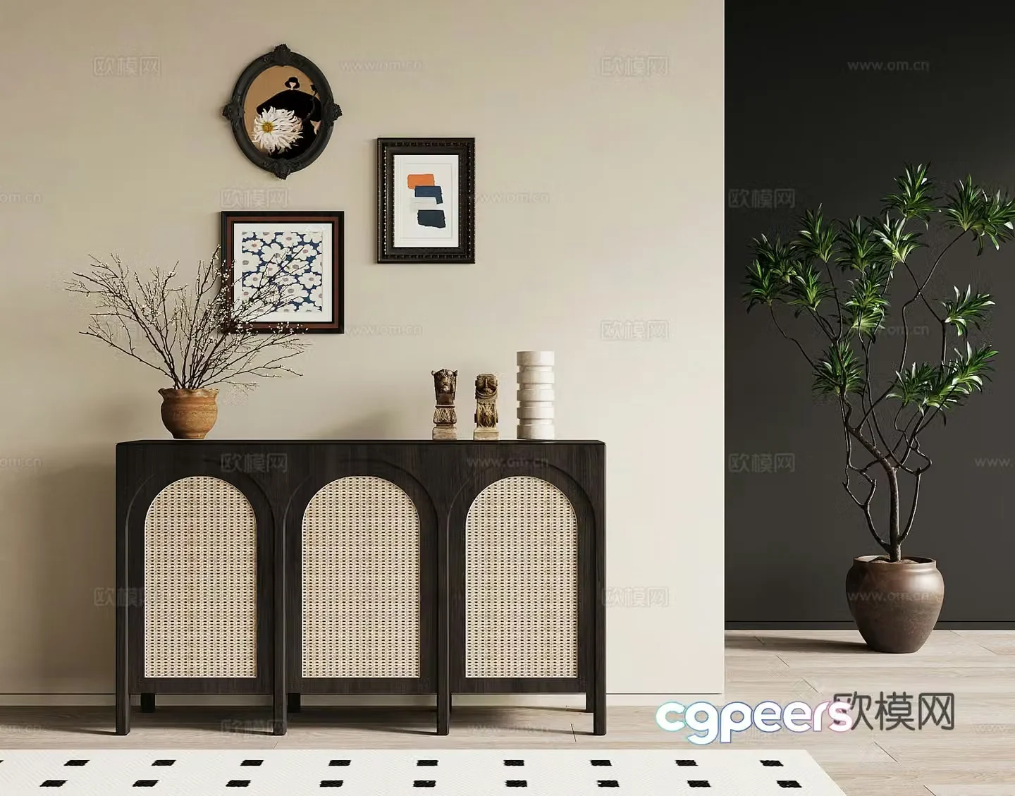 French retro style side cabinet end view cabinet decorative painting 3D model
