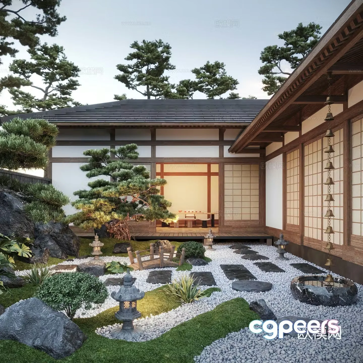 New Chinese style courtyard landscape Zen courtyard dry landscape landscape landscape stone moss 3d model