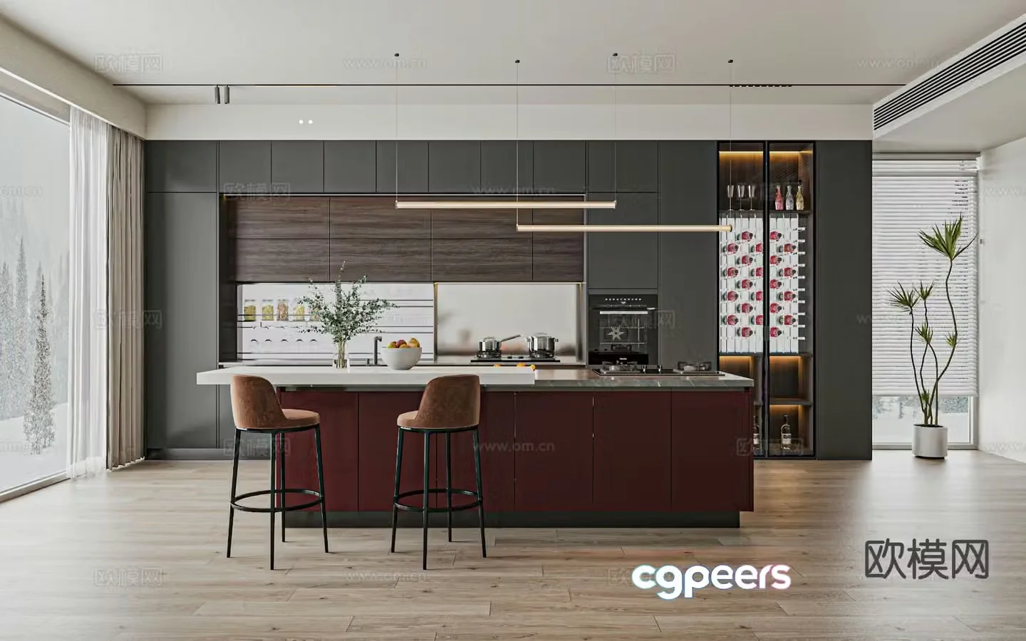 Open kitchen island bar 3D model