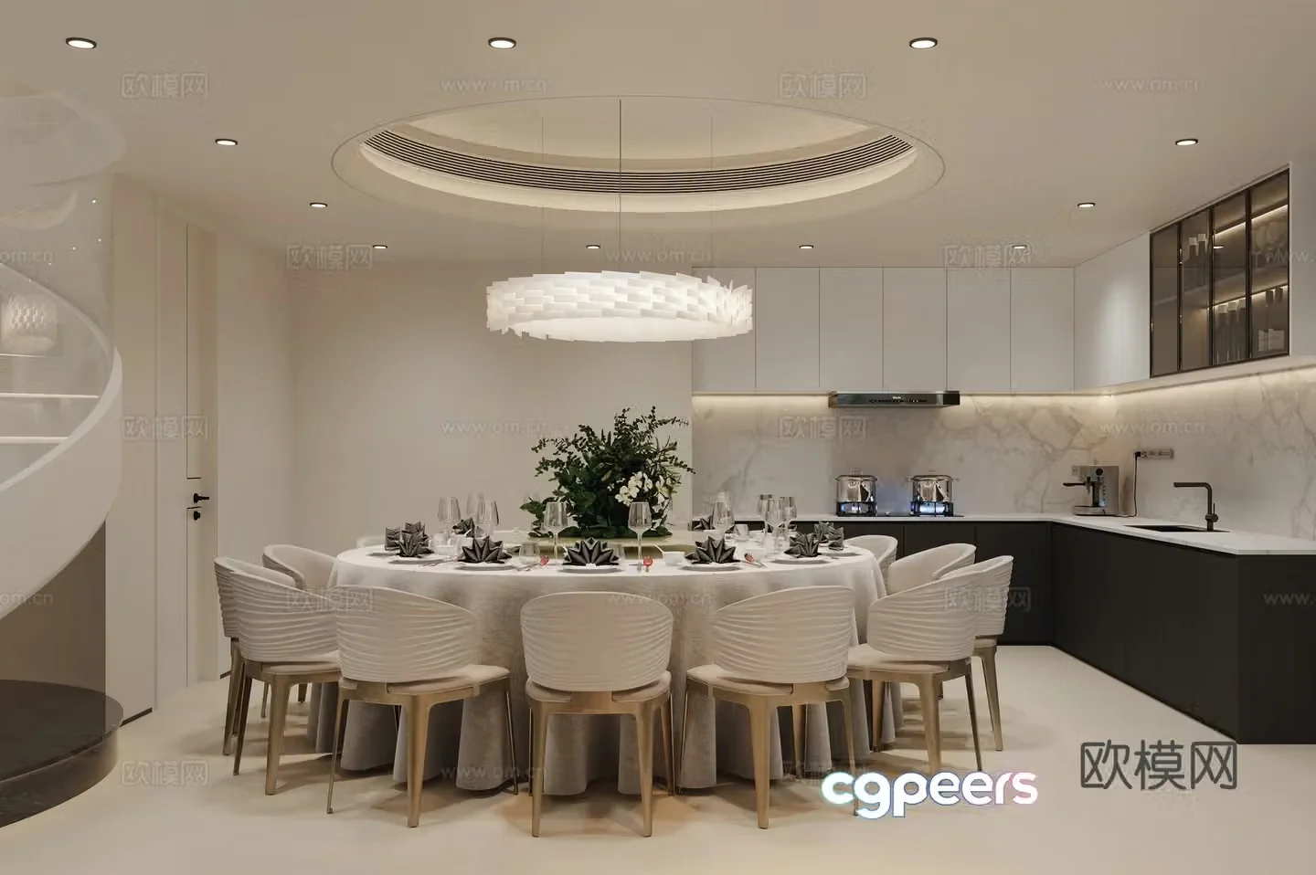 Modern restaurant Large round table Round dining table Open kitchen Western kitchen Hotel private rooms 3D model