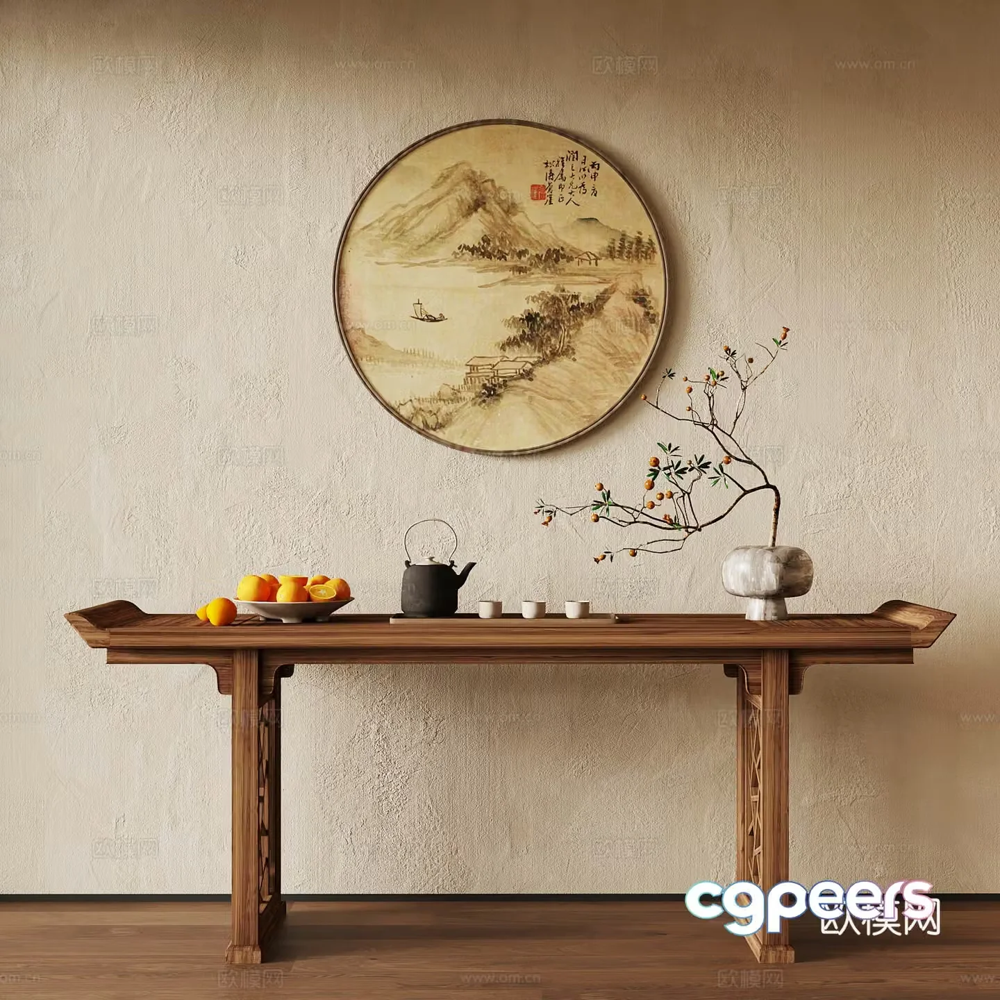 New Chinese style end-of-view deck plan hanging painting ornaments potted 3D model