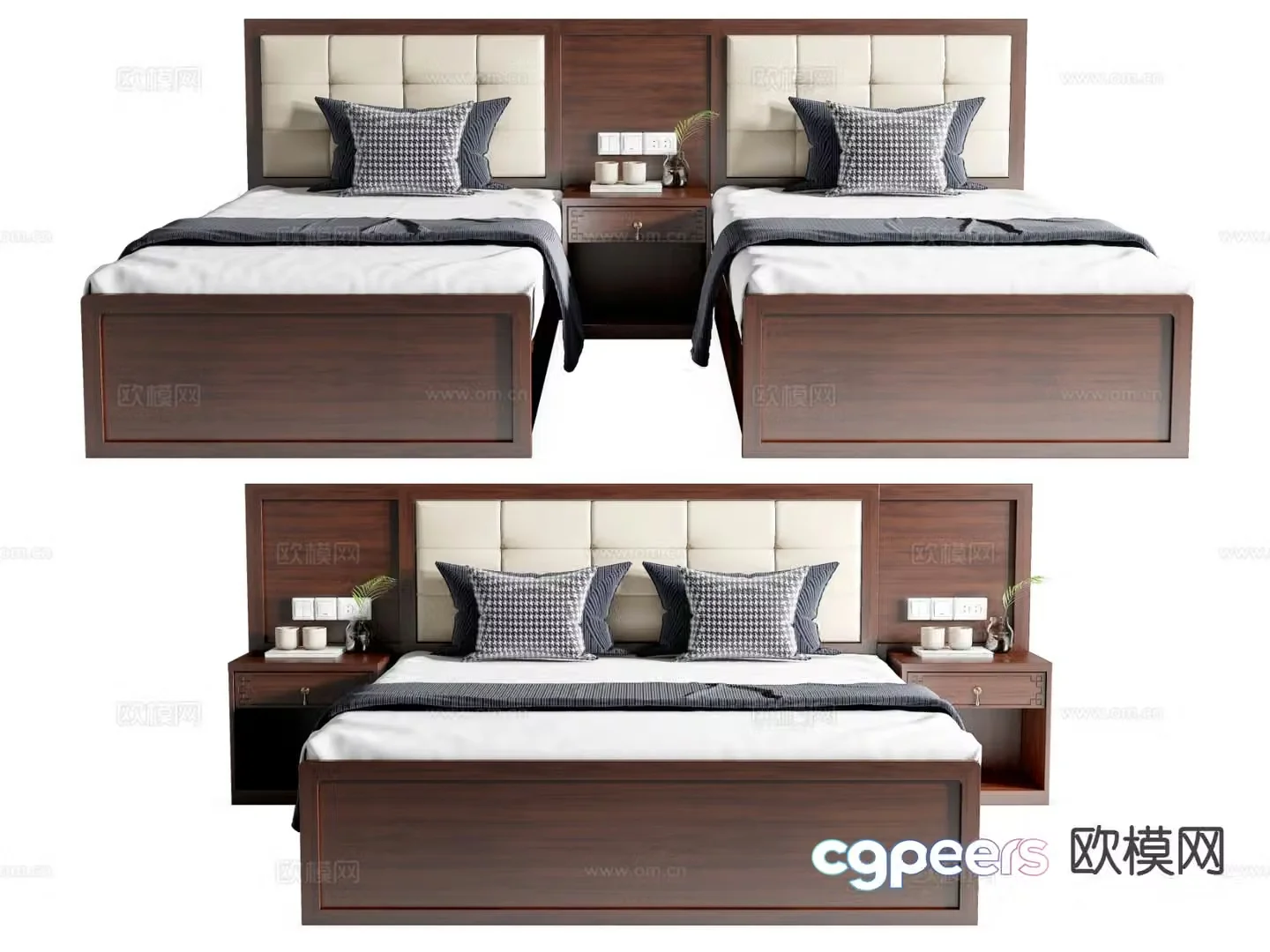 New Chinese style hotel bed twin bed conjoined bed double bed 3d model