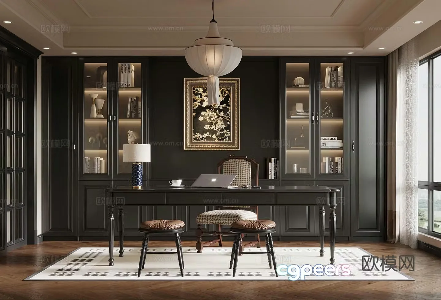 French study desk chair bookcase chandelier 3d model