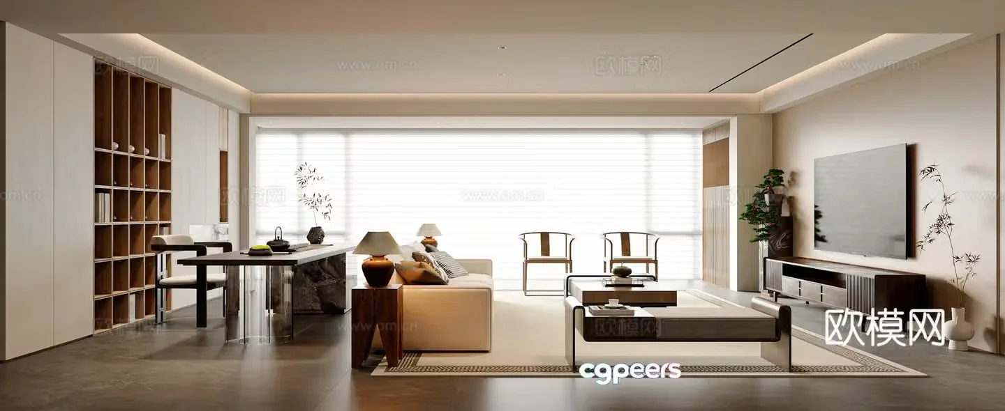 New Chinese living room New Chinese tea room Sofa tea table combination Bookcase Leisure chair Tea table chair 3D model
