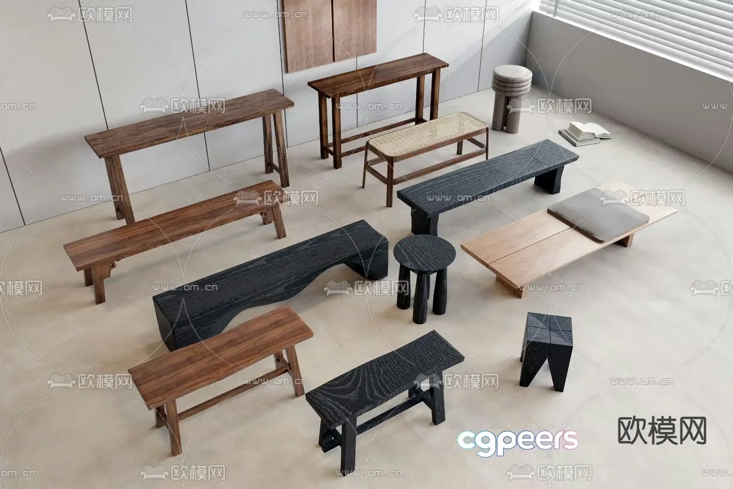 Medieval style wooden chair and wooden stool 3d model