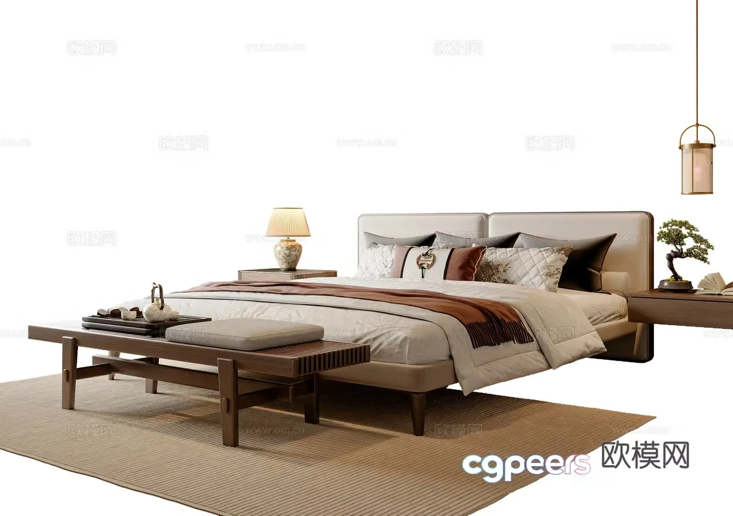 New Chinese style double bed New Chinese style bed tail stool bed nightstand chandeliers Song style 3D model