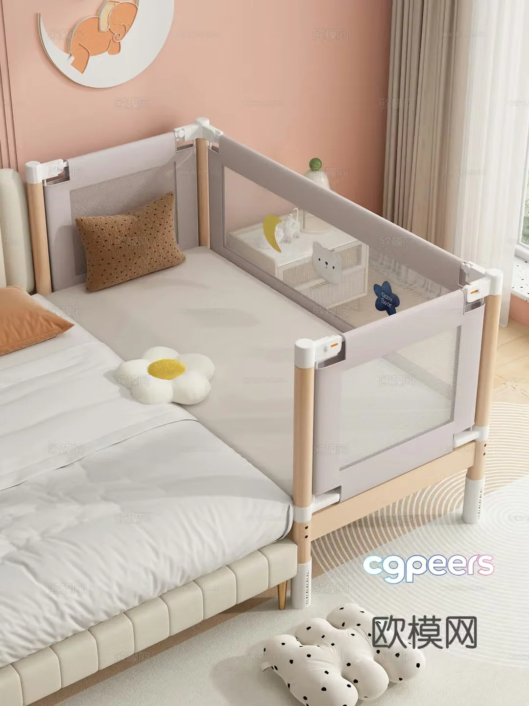 Splicing bed Children’s bed Crib Lifting guardrail bed Pillow 3D model