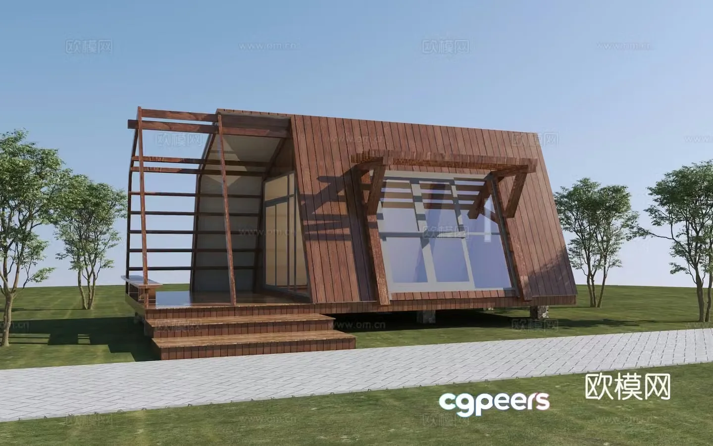 Modern wooden house B&B building 3d model