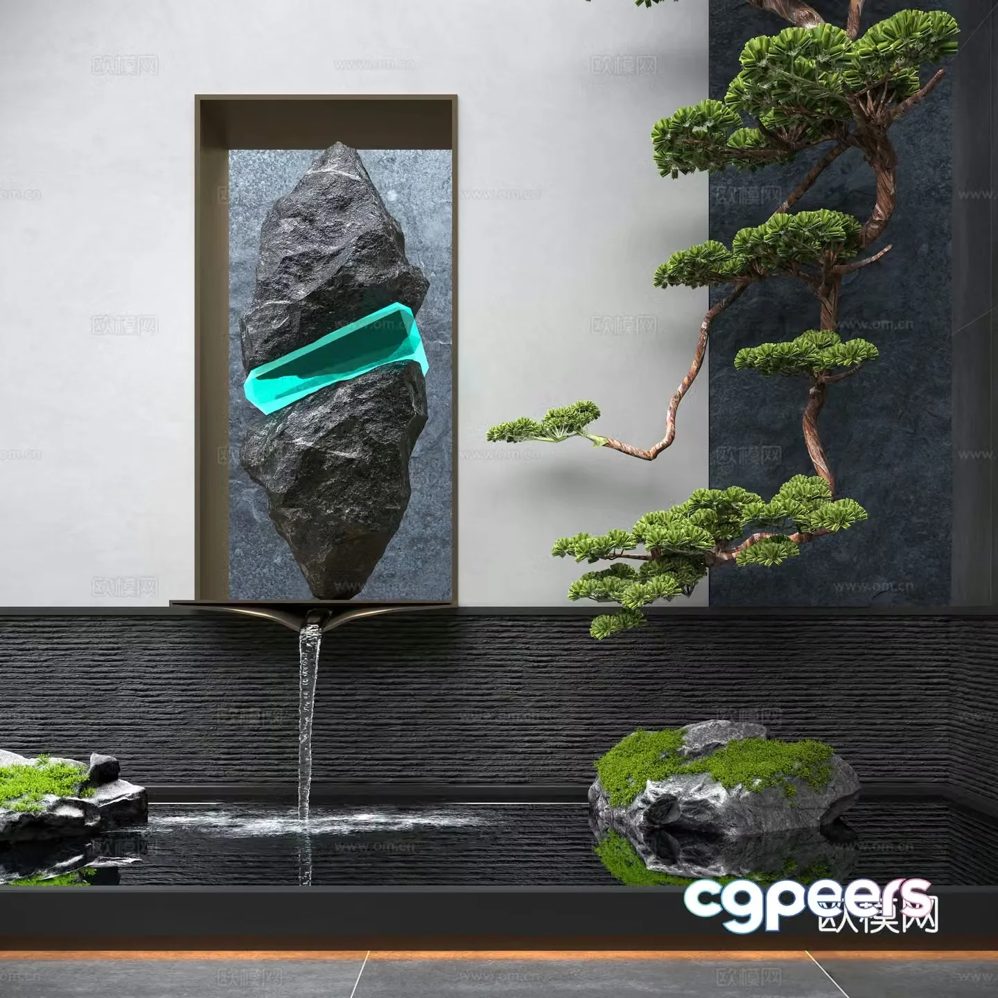 New Chinese style indoor water landscape flowing water landscape stone upside down pine trees 3D model