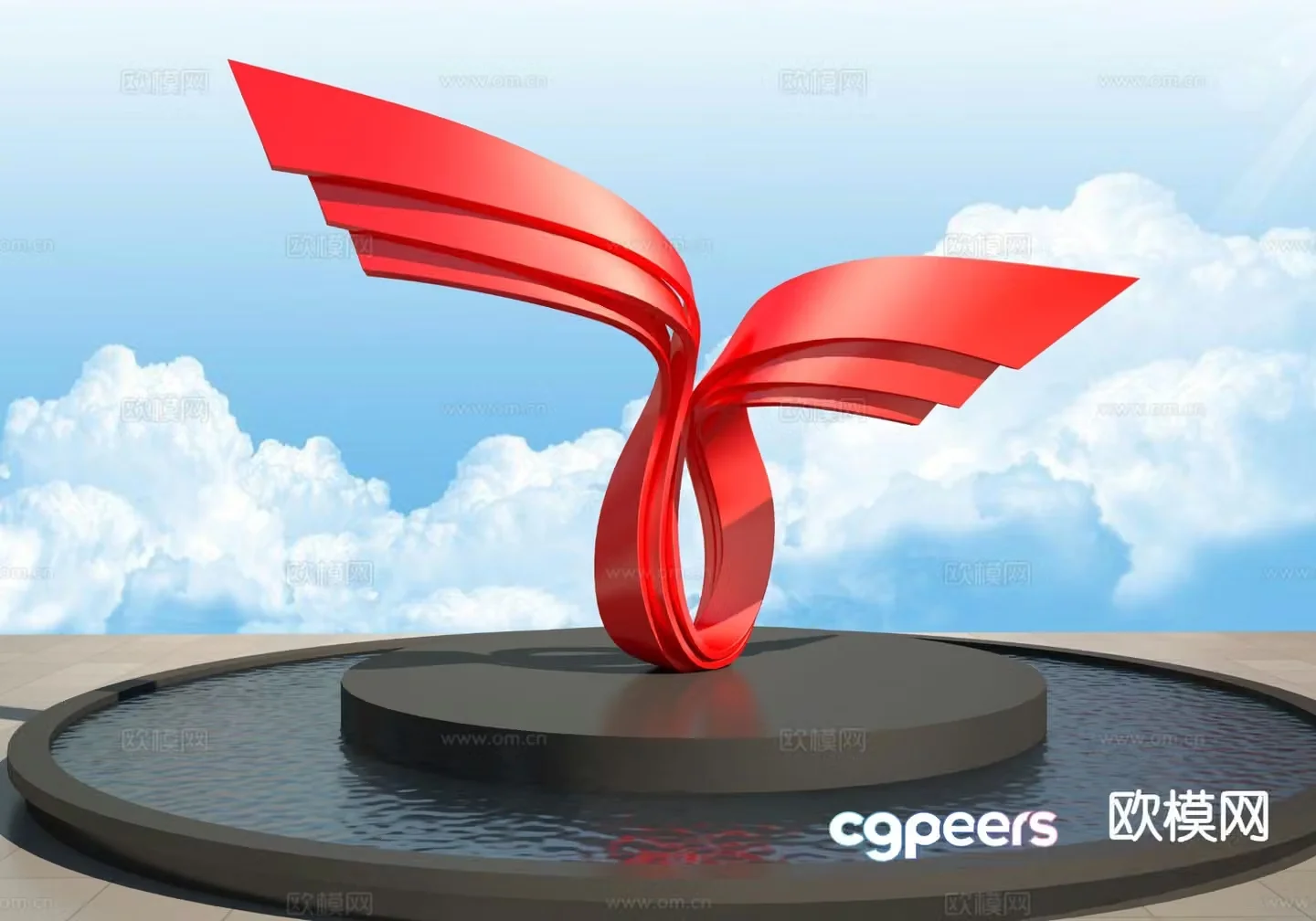 Red ribbon sculpture urban sculpture 3d model