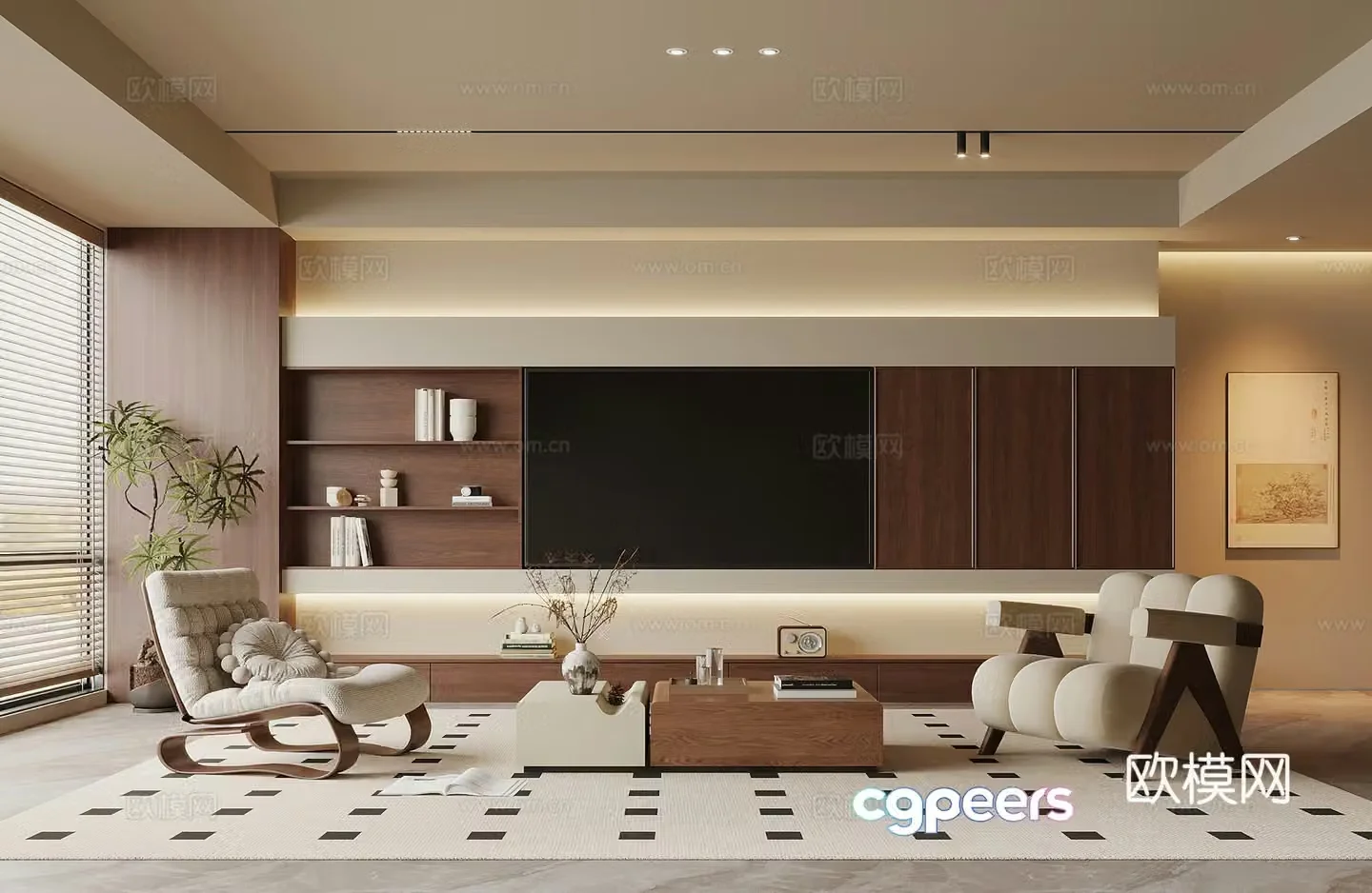 Living room medieval style living room TV background wall sofa coffee table combination 3D model