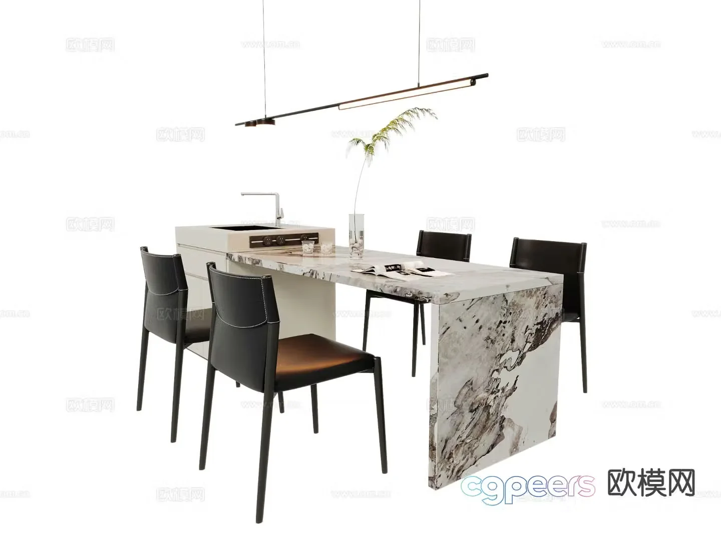 Modern island dining table and chairs 3d model