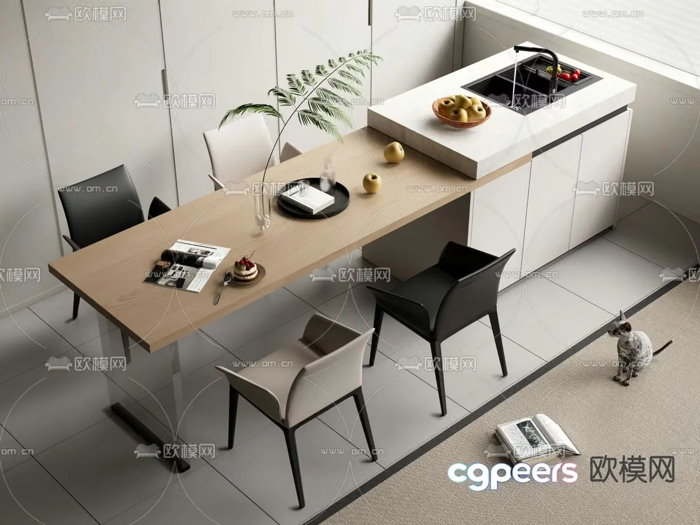 Island dining table and chairs 3d model