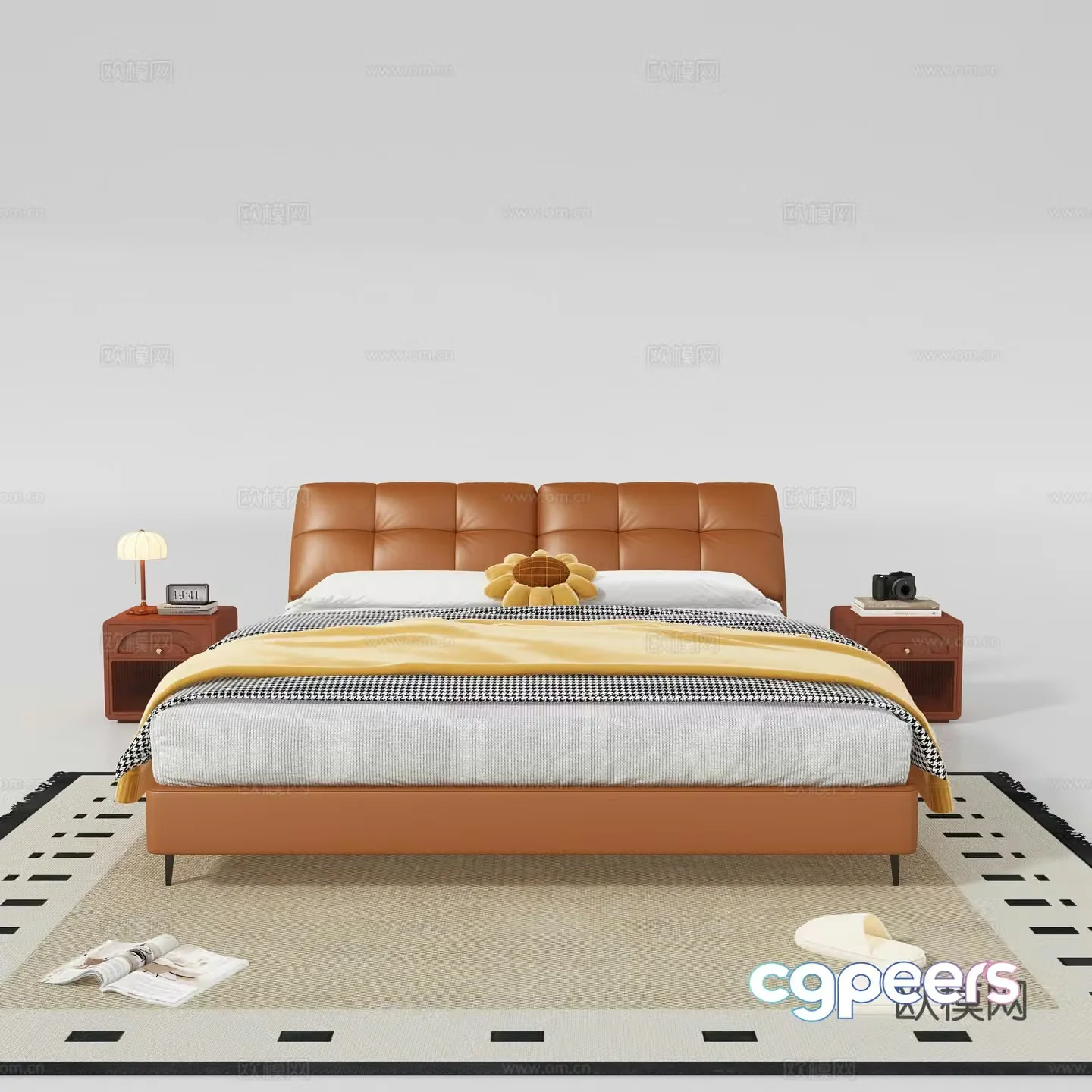 Modern double bed nightstand combination 3D model