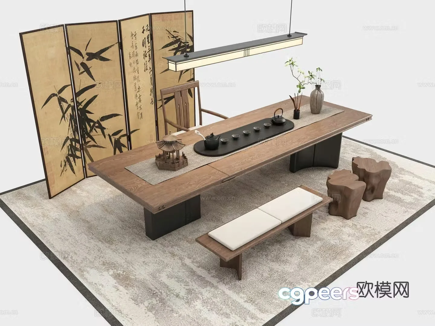 Zen New Chinese Tea Room Tea Table 3D Model
