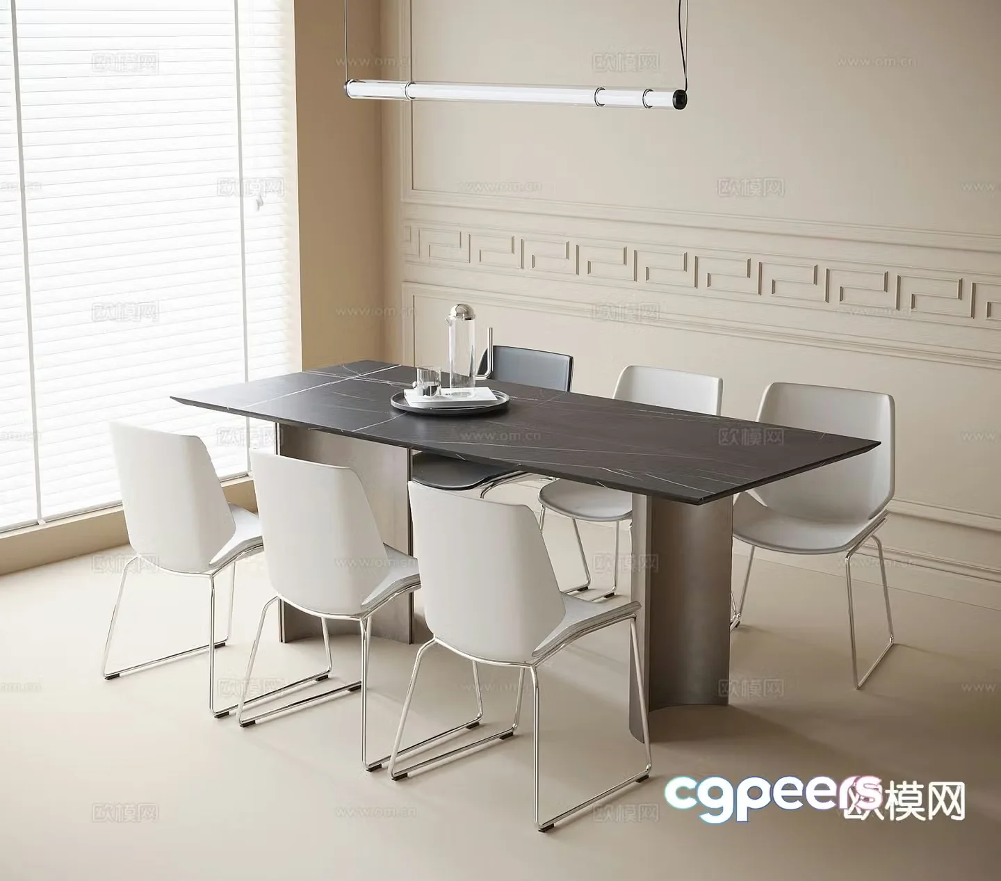 Modern long dining table and chairs 3d model