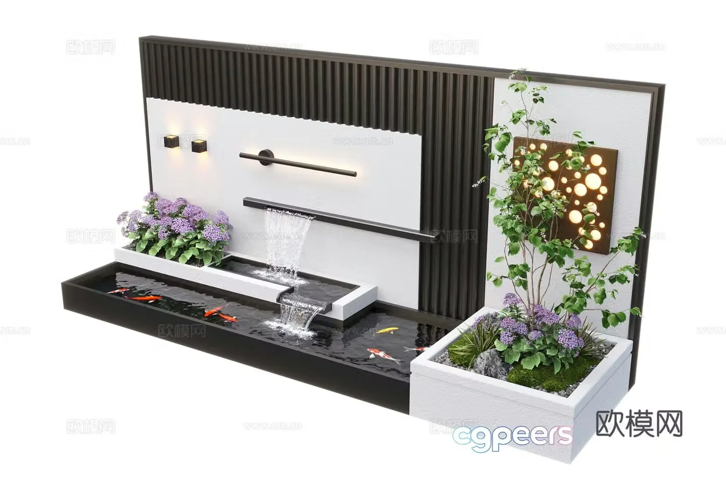 Modern courtyard waterscape waterscape wall stacked water landscape plants fish pond 3d model