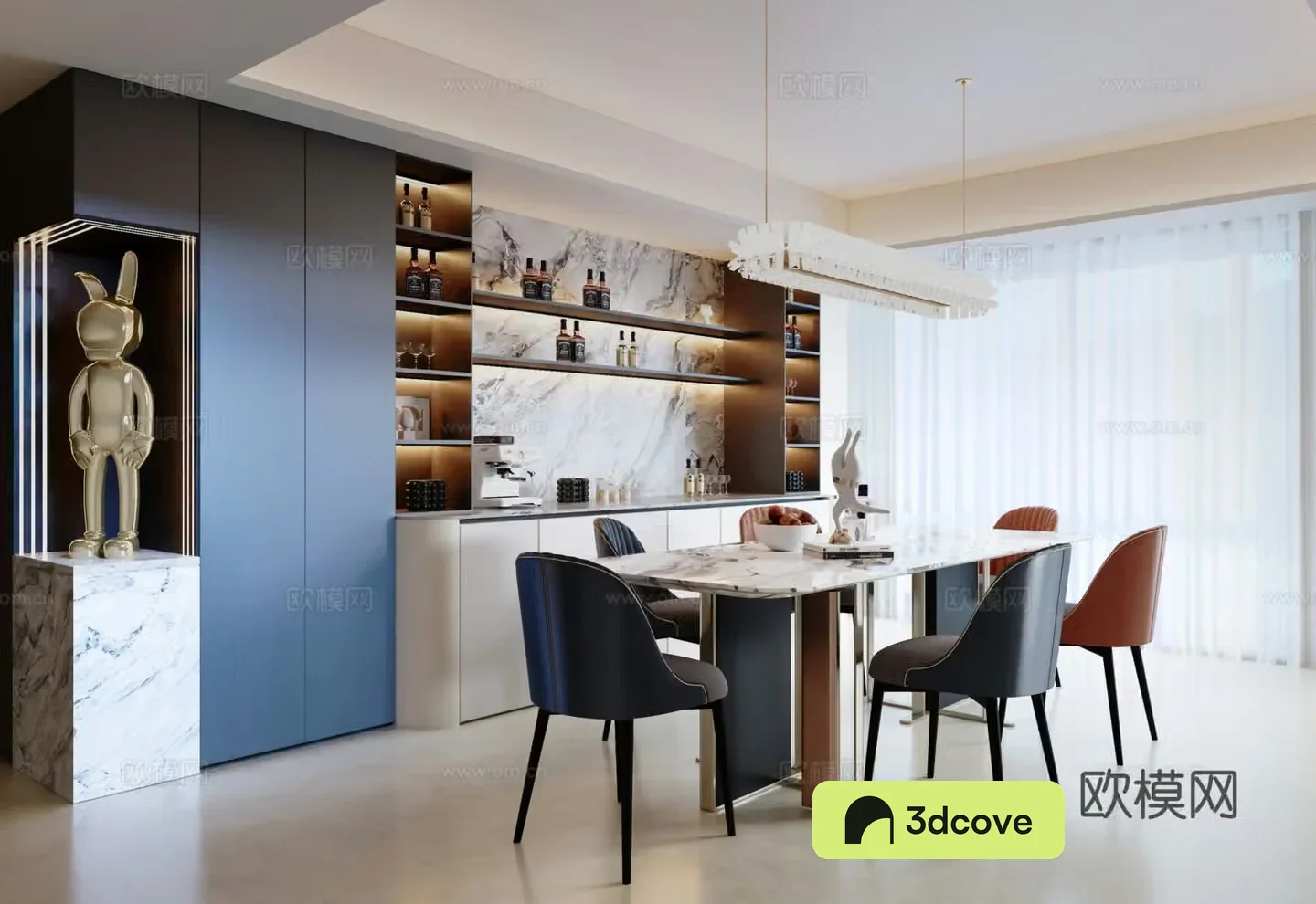 Modern Italian restaurant Italian sideboard Dining table and chairs Chandelier Sculpture