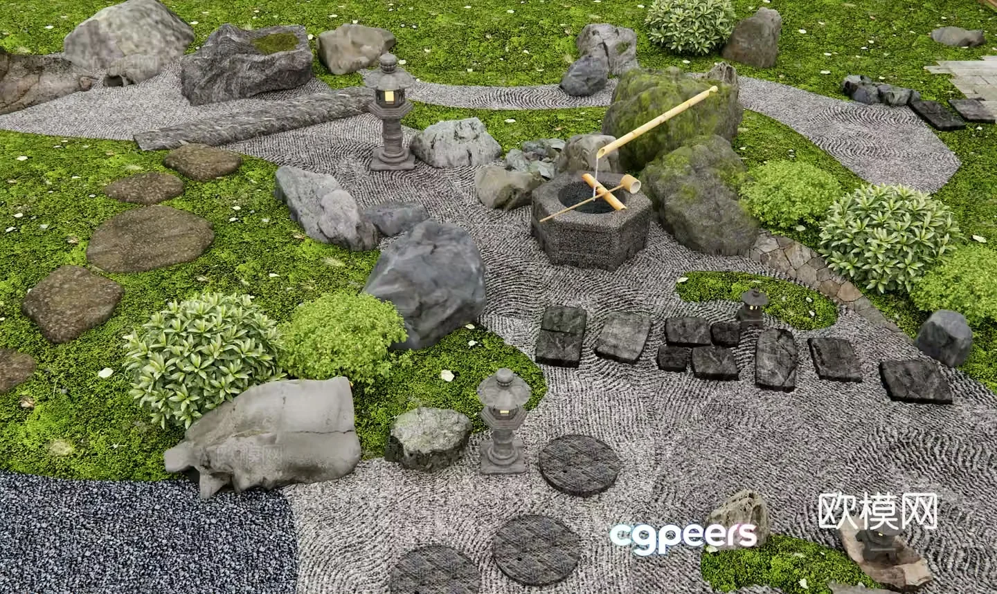Japanese-style terrain dry landscape landscape stone tingling landscape stone waterscape moss landscape 3D model