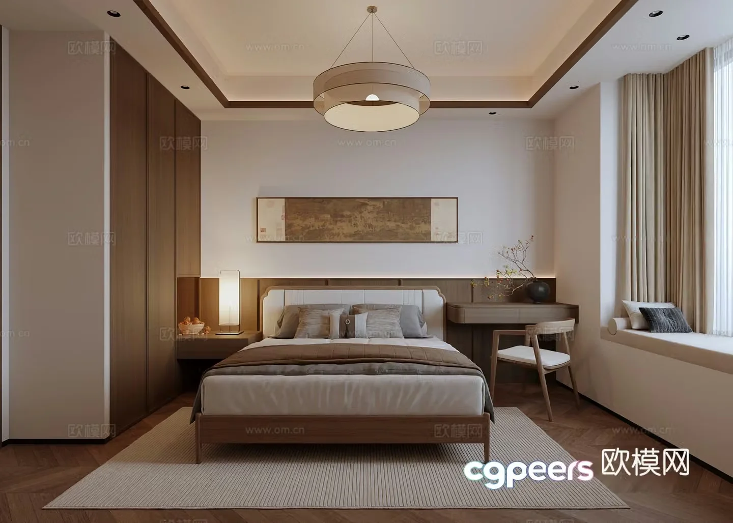 New Chinese style Song’s master bedroom wardrobe chandelier hanging picture desk makeup desk 3D model