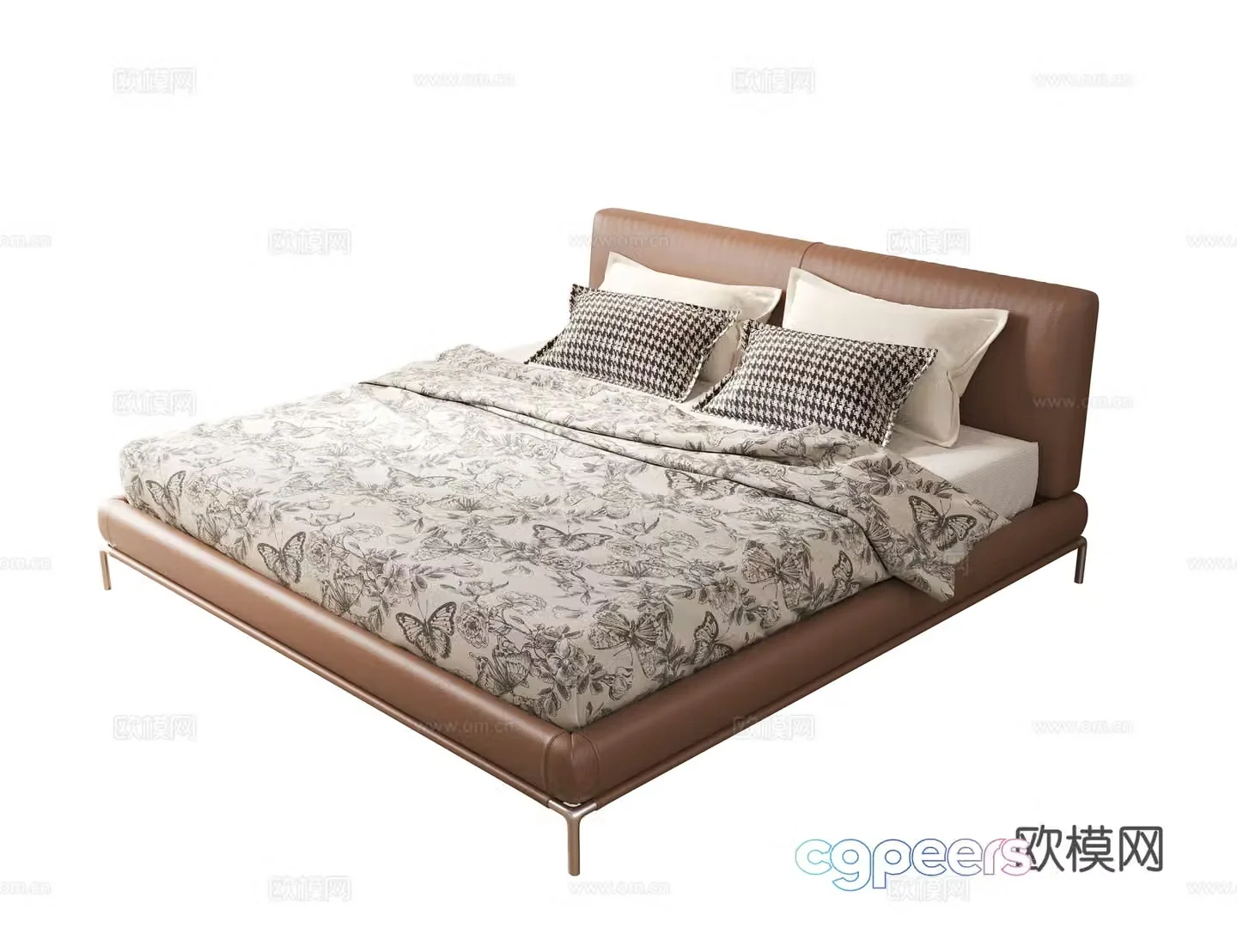 Retro double bed leather double bed master bedroom bed 3d model