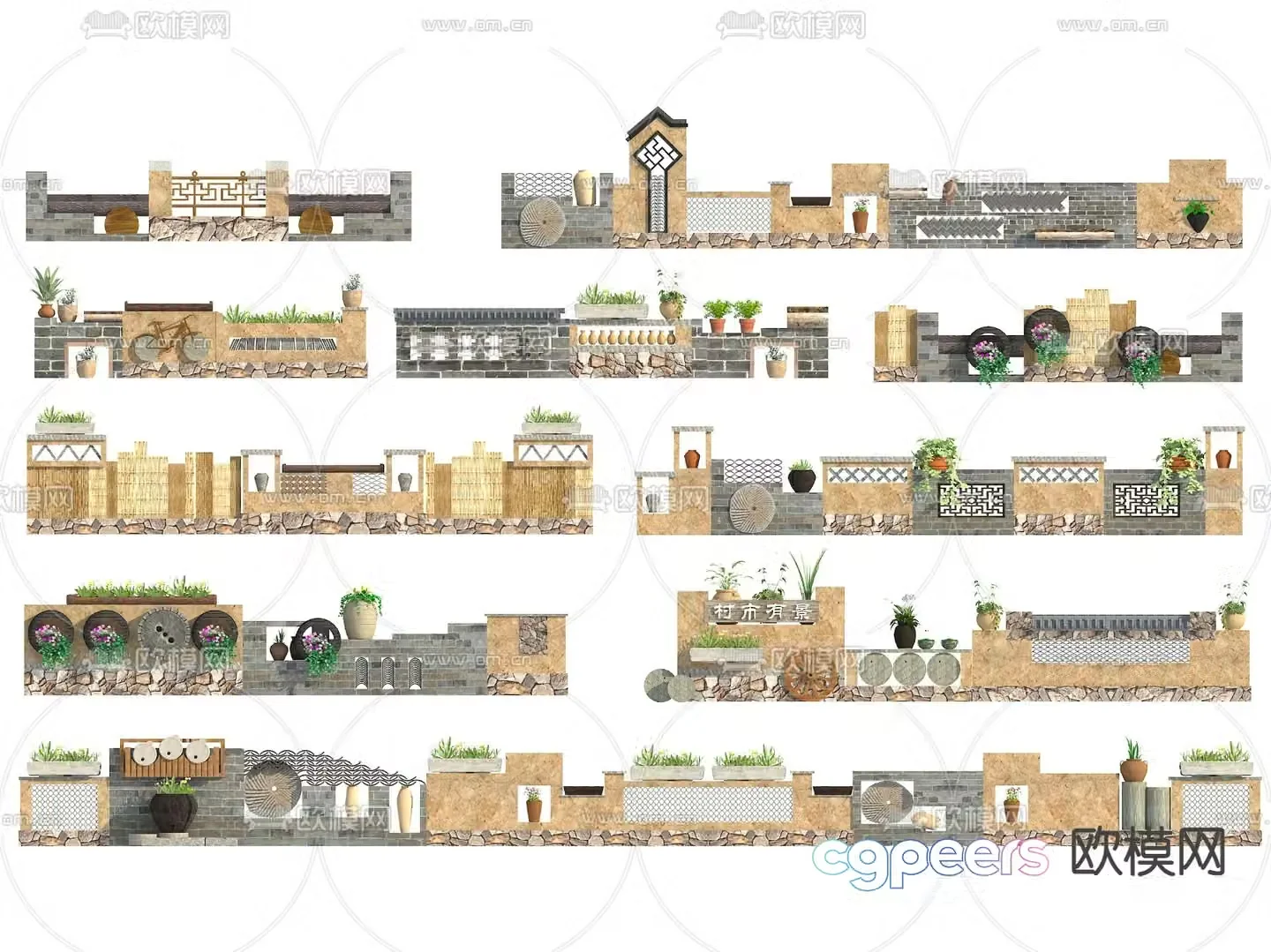 New Chinese style rural landscape wall courtyard wall folk landscape wall 3d model