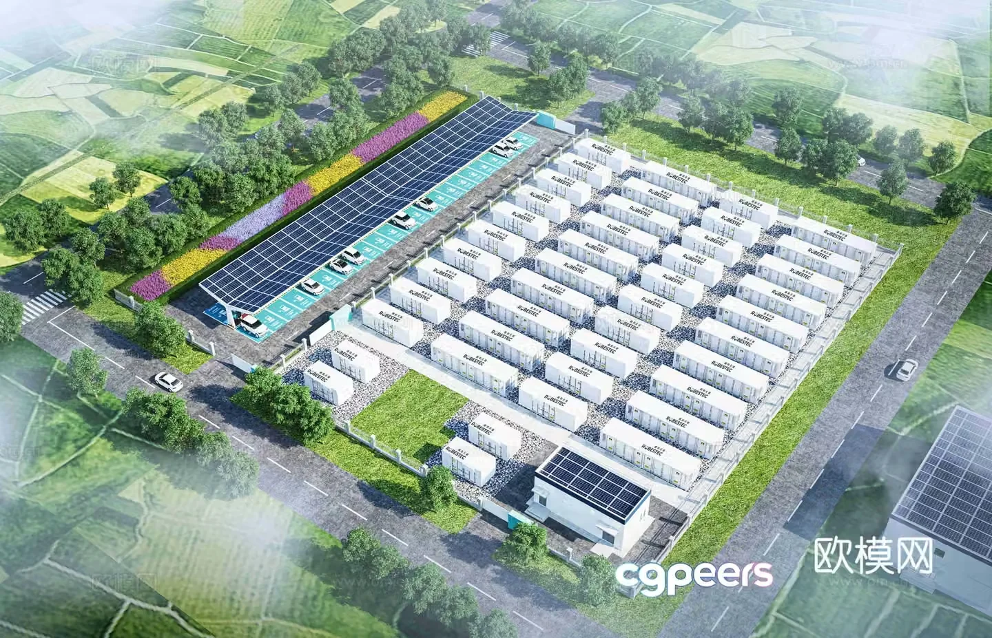 Aerial view 3d model of modern substation